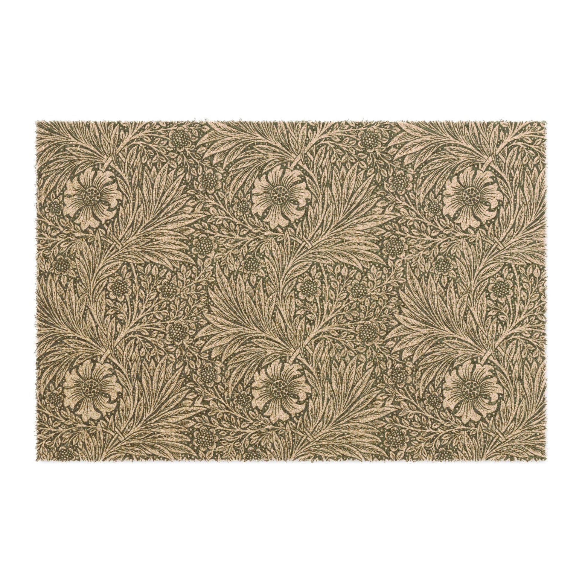 A rectangular area rug featuring a classic William Morris-style floral and leaf pattern in muted taupe, brown, and beige tones, shown flat against a plain white background.