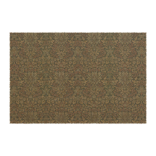 Rectangular coconut coir doormat with an intricate floral pattern inspired by William Morris.