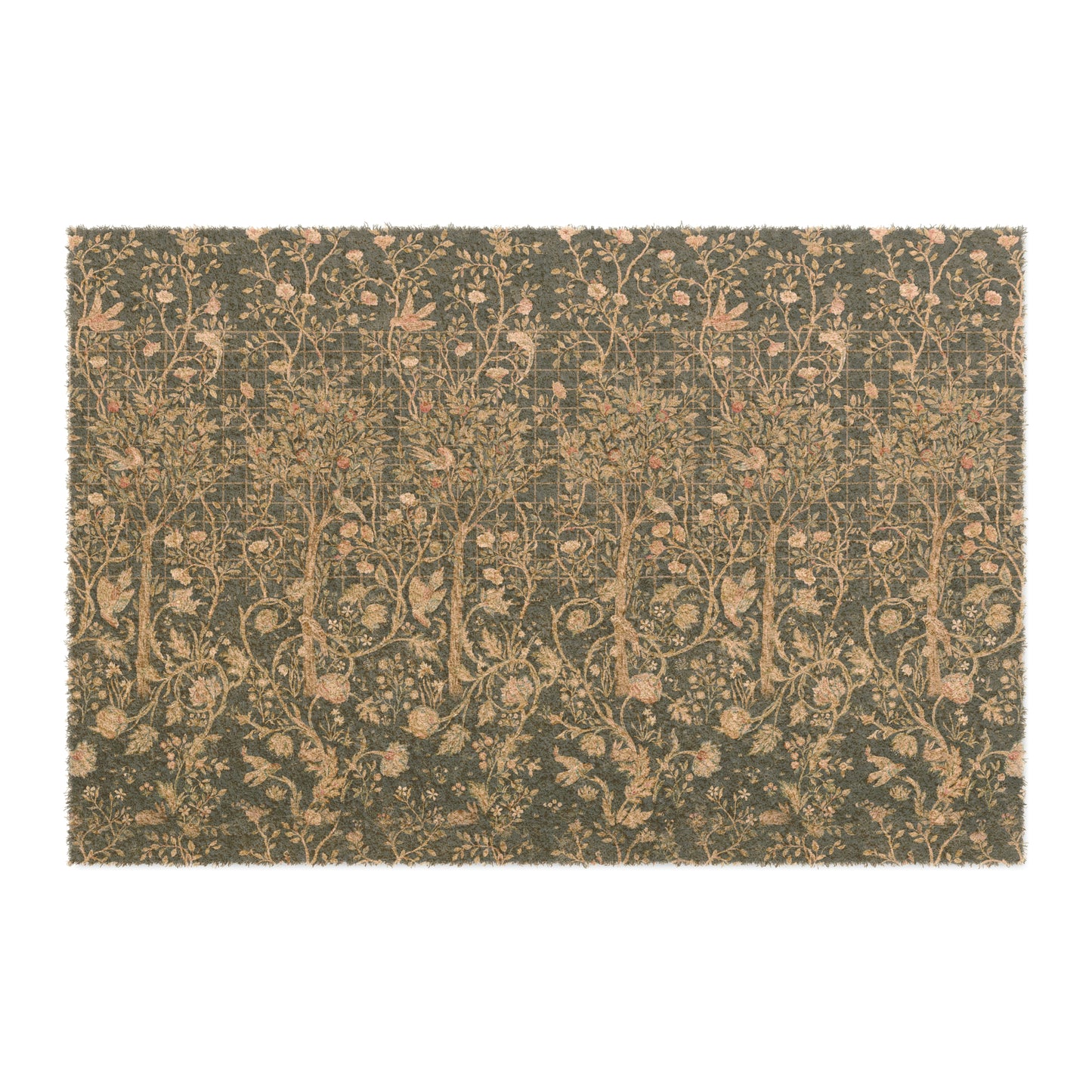 Rectangular coconut coir doormat with an intricate William Morris & Co floral pattern in a teal colour, featuring a black vinyl backing.