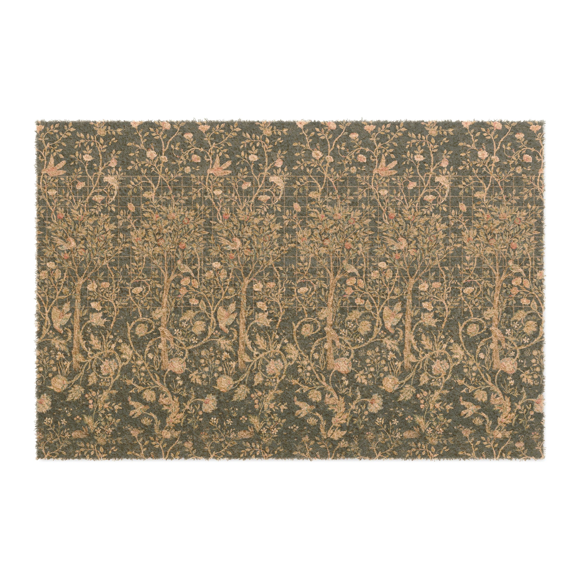 Rectangular coconut coir doormat with an intricate William Morris & Co floral pattern in a teal colour, featuring a black vinyl backing.