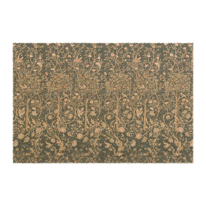 Rectangular coconut coir doormat with an intricate William Morris & Co floral pattern in a teal colour, featuring a black vinyl backing.