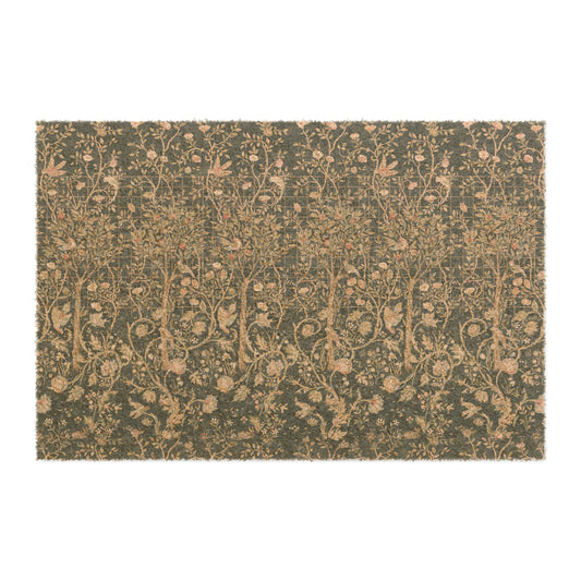 Rectangular coconut coir doormat with an intricate William Morris & Co floral pattern in a teal colour, featuring a black vinyl backing.