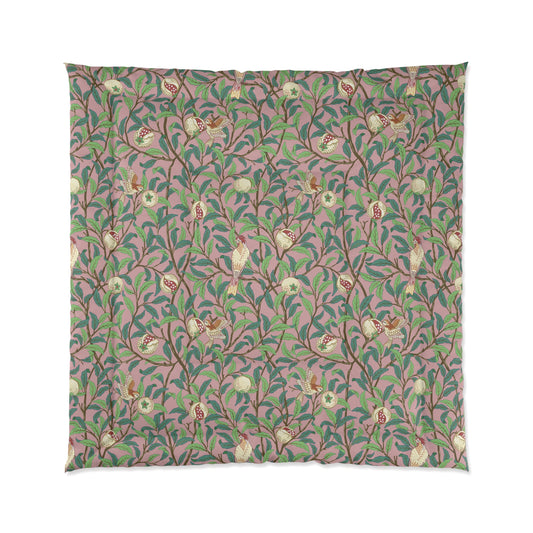 Bed comforter inspired in a William Morris & Co in a pink floral pattern from the collection of Bird and Pomegranate (Rosella)