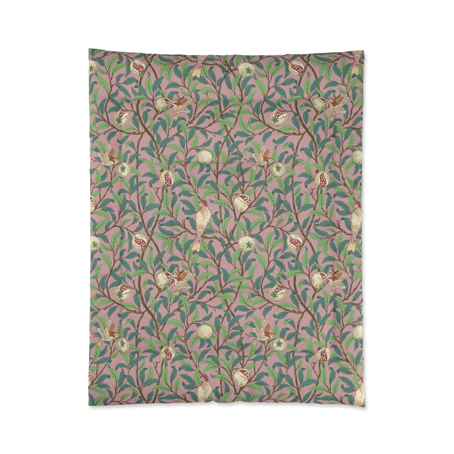 Bed comforter inspired in a William Morris & Co in a pink floral pattern from the collection of Bird and Pomegranate (Rosella)