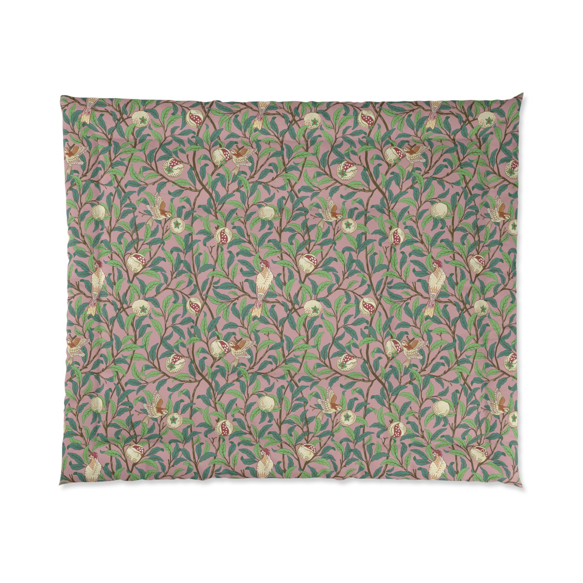 Bed comforter inspired in a William Morris & Co in a pink floral pattern from the collection of Bird and Pomegranate (Rosella)