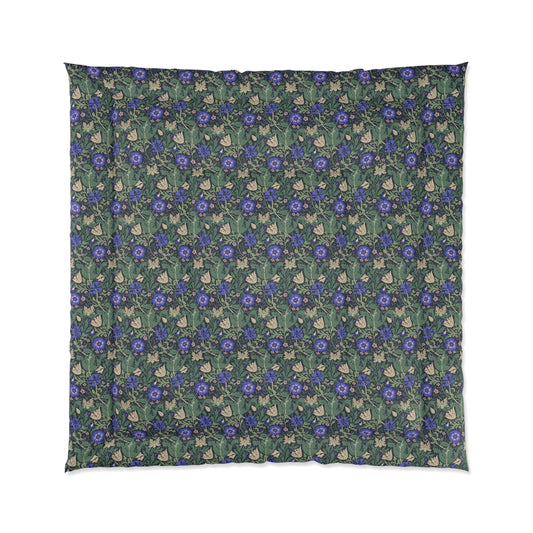A quilt with a floral pattern featuring blue and green colours on a beige background, inspired by William Morris - Compton Collection (Bluebell Cottage).