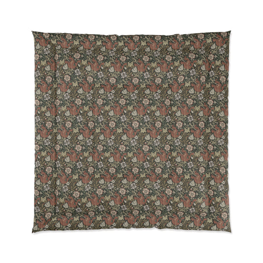 A floral patterned comforter inspired by William Morris, displayed in an unfolded state showing the full design.