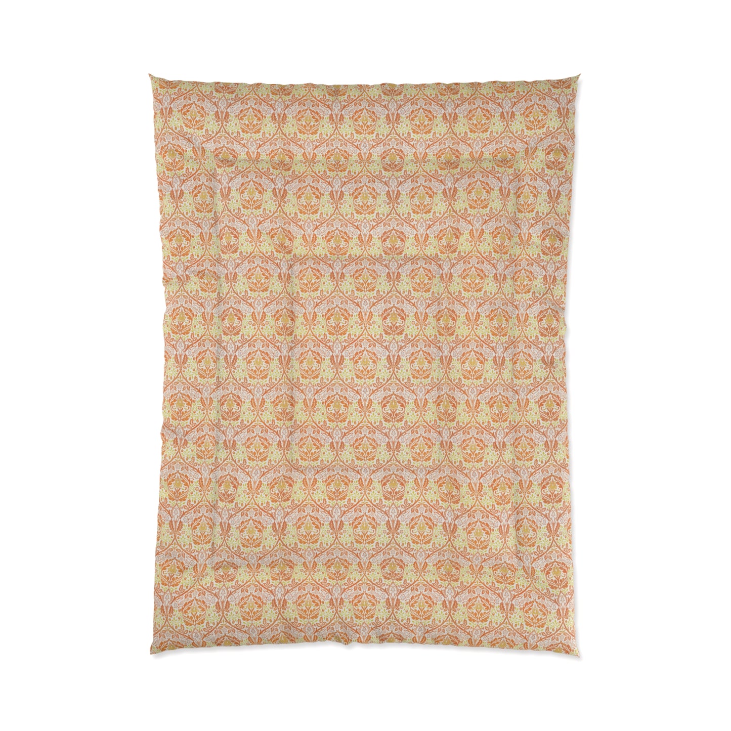 A comforter with a geometric William Morris & Co pattern called Golden Bough in shades of yellow, white, and orange.
