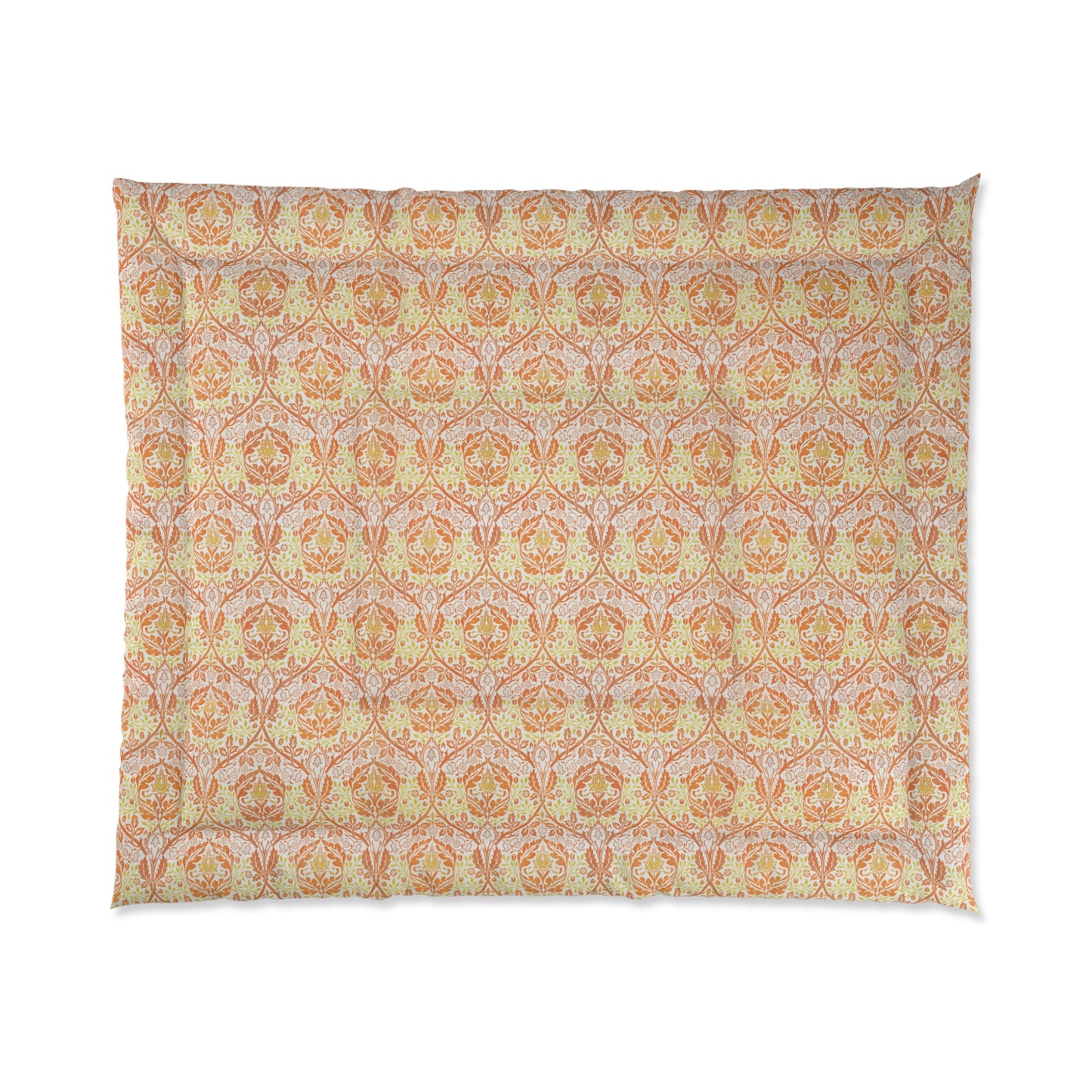 A comforter with a geometric William Morris & Co pattern called Golden Bough in shades of yellow, white, and orange.