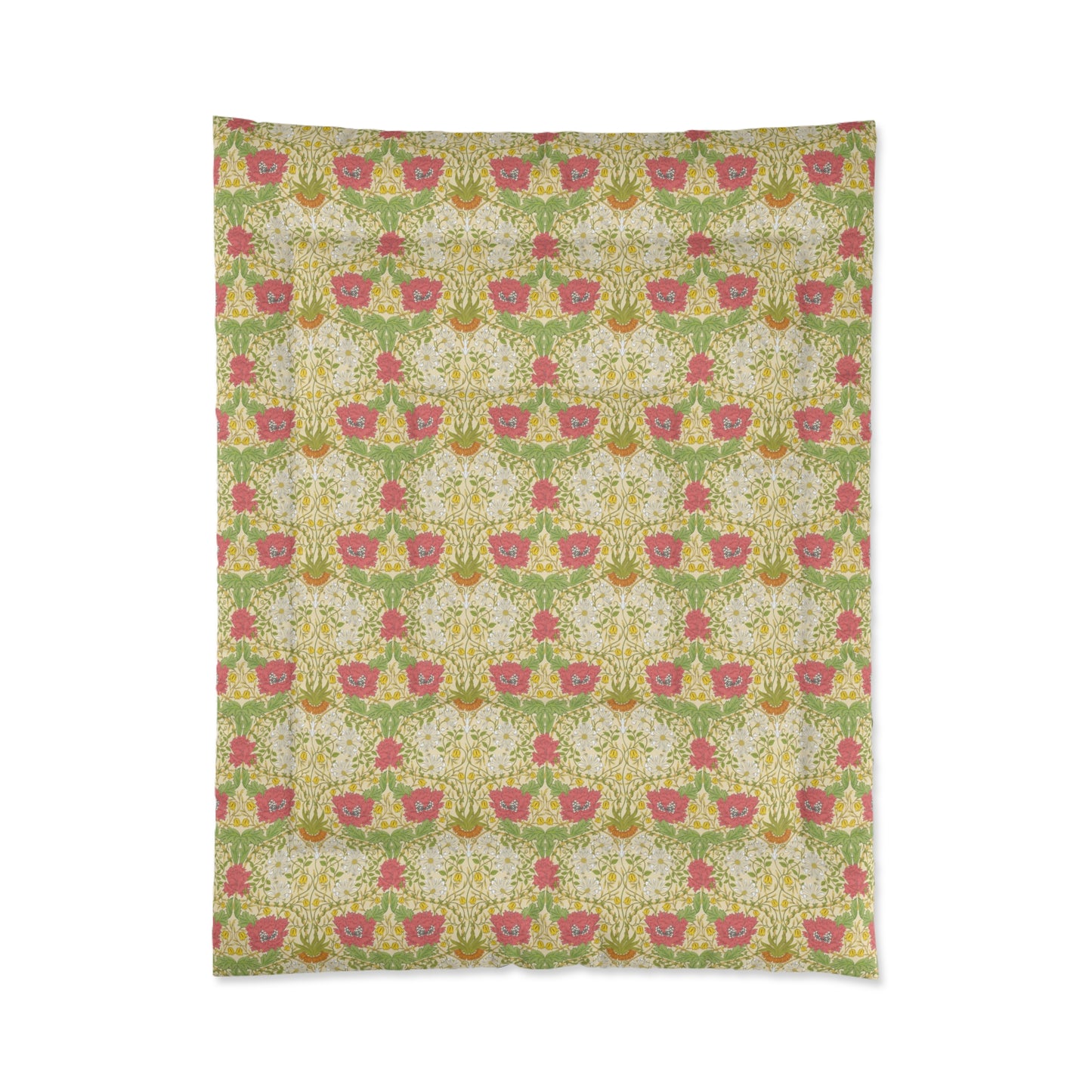 A bedspread comforter with a floral William Morris & Co pattern featuring honeysuckle flowers in shades of yellow, red and green on a white background.