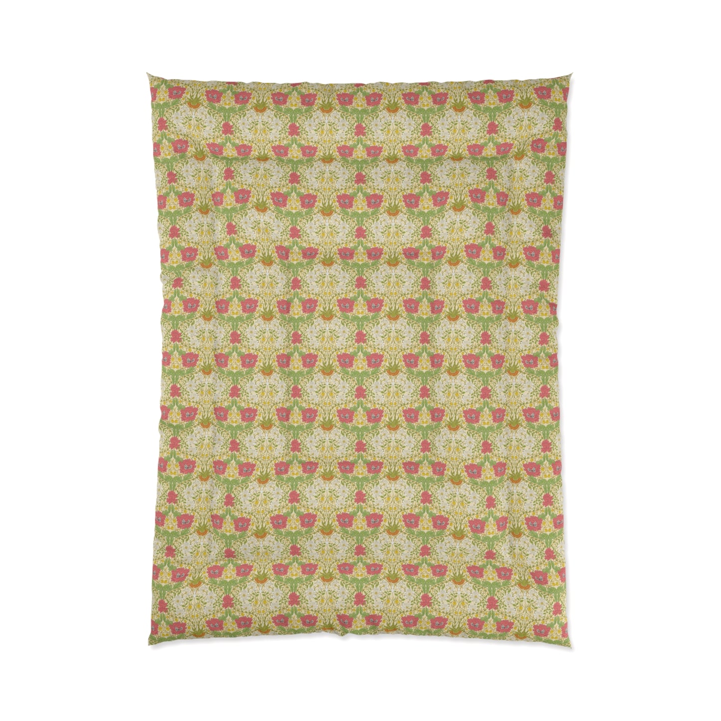 A bedspread comforter with a floral William Morris & Co pattern featuring honeysuckle flowers in shades of yellow, red and green on a white background.