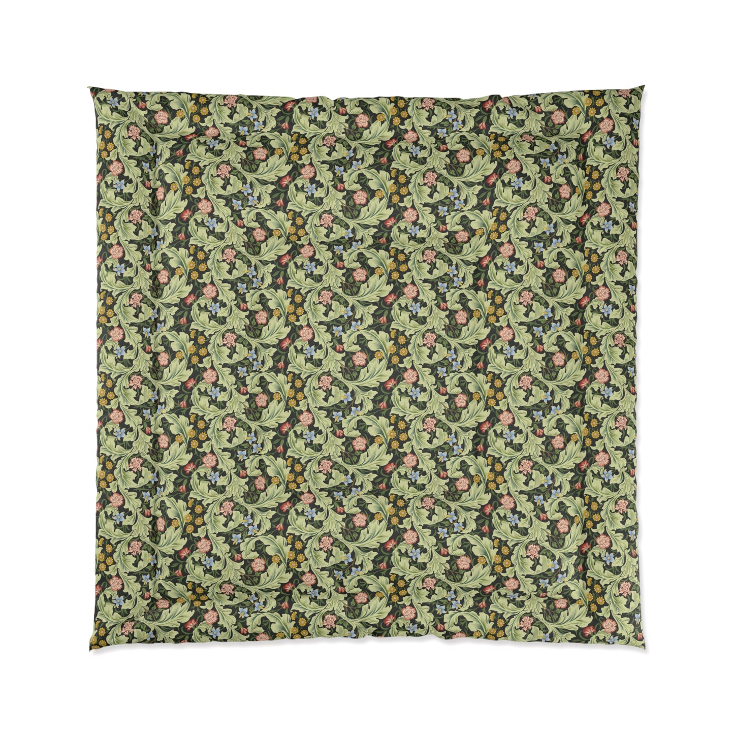 A green bedspread comforter with a floral and geometric pattern inspired by William Morris - Leicester Collection.