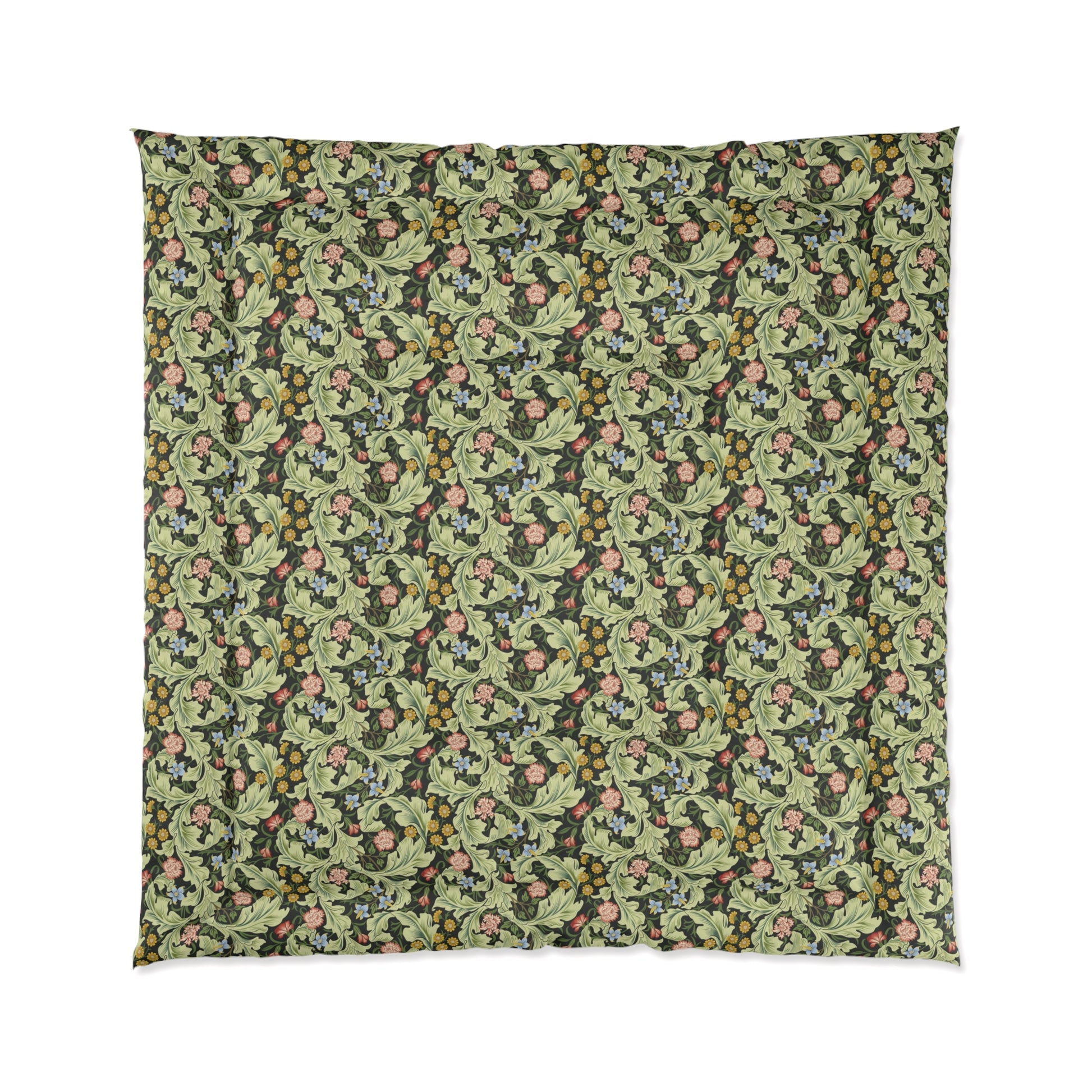 A green bedspread comforter with a floral and geometric pattern inspired by William Morris - Leicester Collection.