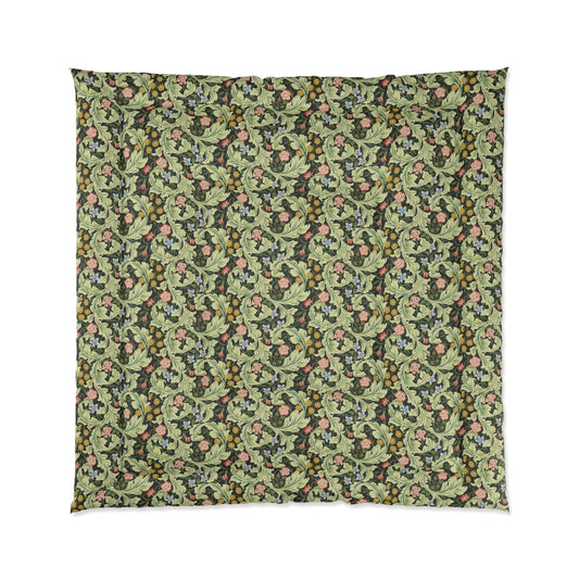 A green bedspread comforter with a floral and geometric pattern inspired by William Morris - Leicester Collection.