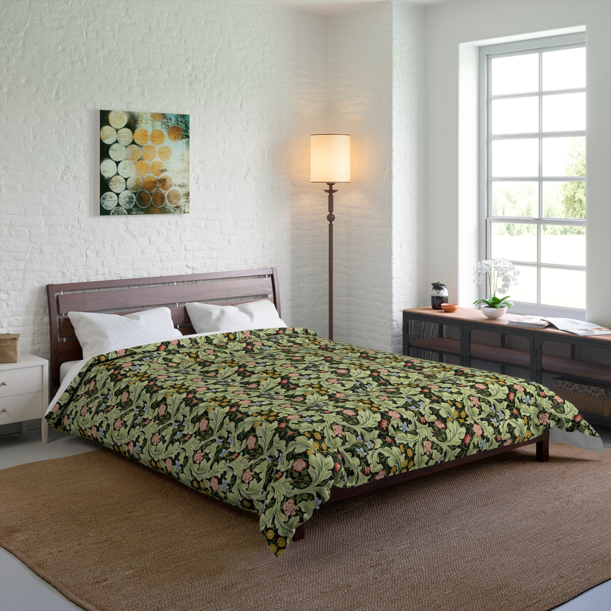 A green bedspread comforter with a floral and geometric pattern inspired by William Morris - Leicester Collection.