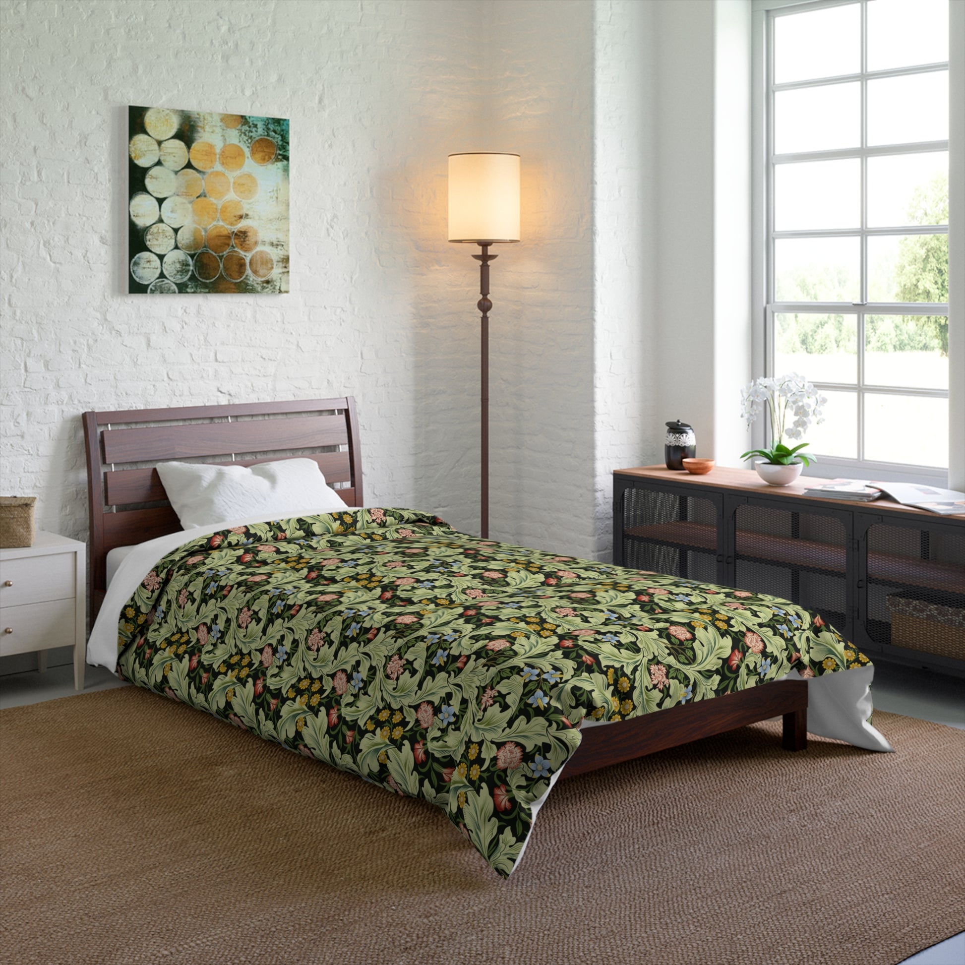 A green bedspread comforter with a floral and geometric pattern inspired by William Morris - Leicester Collection.