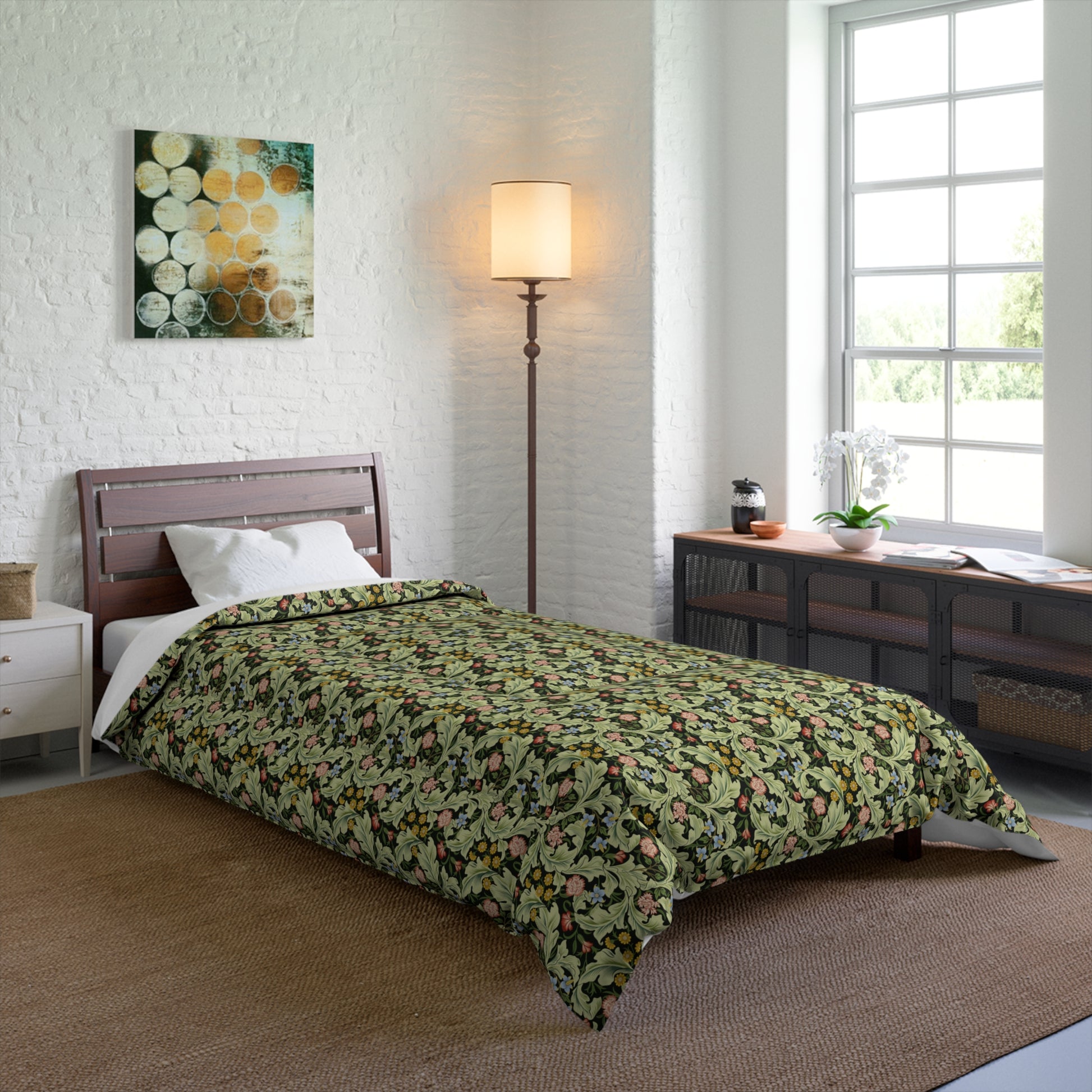 A green bedspread comforter with a floral and geometric pattern inspired by William Morris - Leicester Collection.