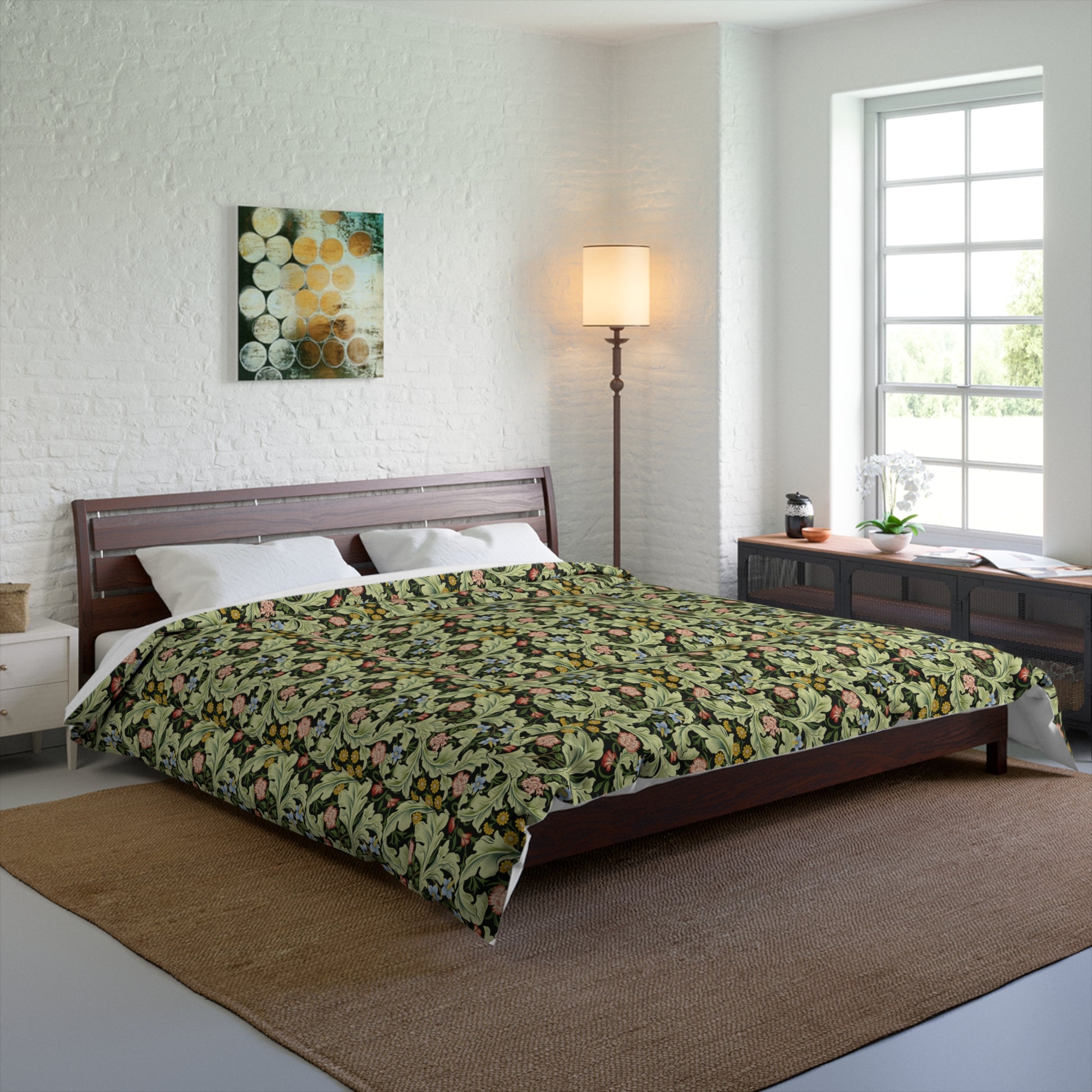 A green bedspread comforter with a floral and geometric pattern inspired by William Morris - Leicester Collection.