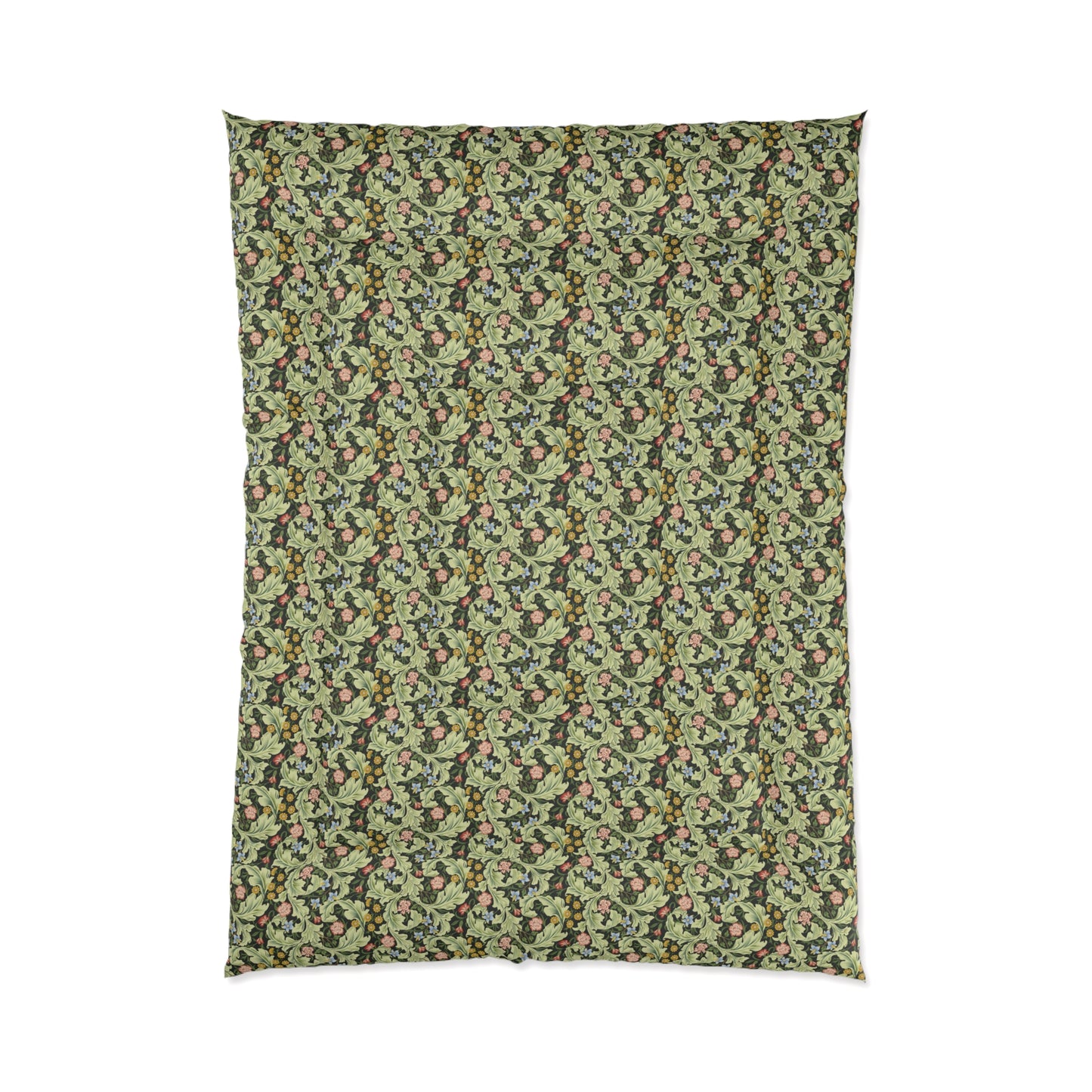 A green bedspread comforter with a floral and geometric pattern inspired by William Morris - Leicester Collection.