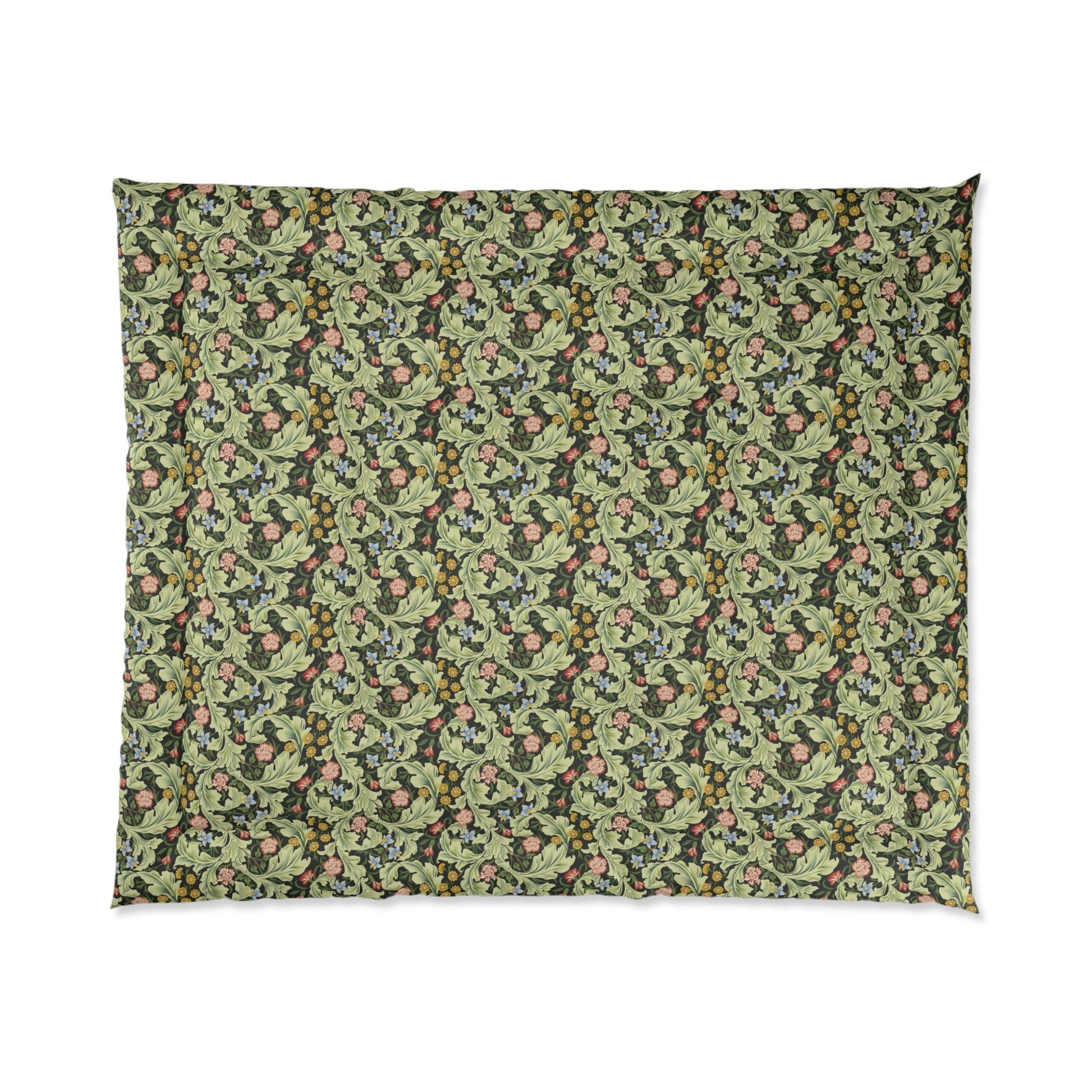 A green bedspread comforter with a floral and geometric pattern inspired by William Morris - Leicester Collection.