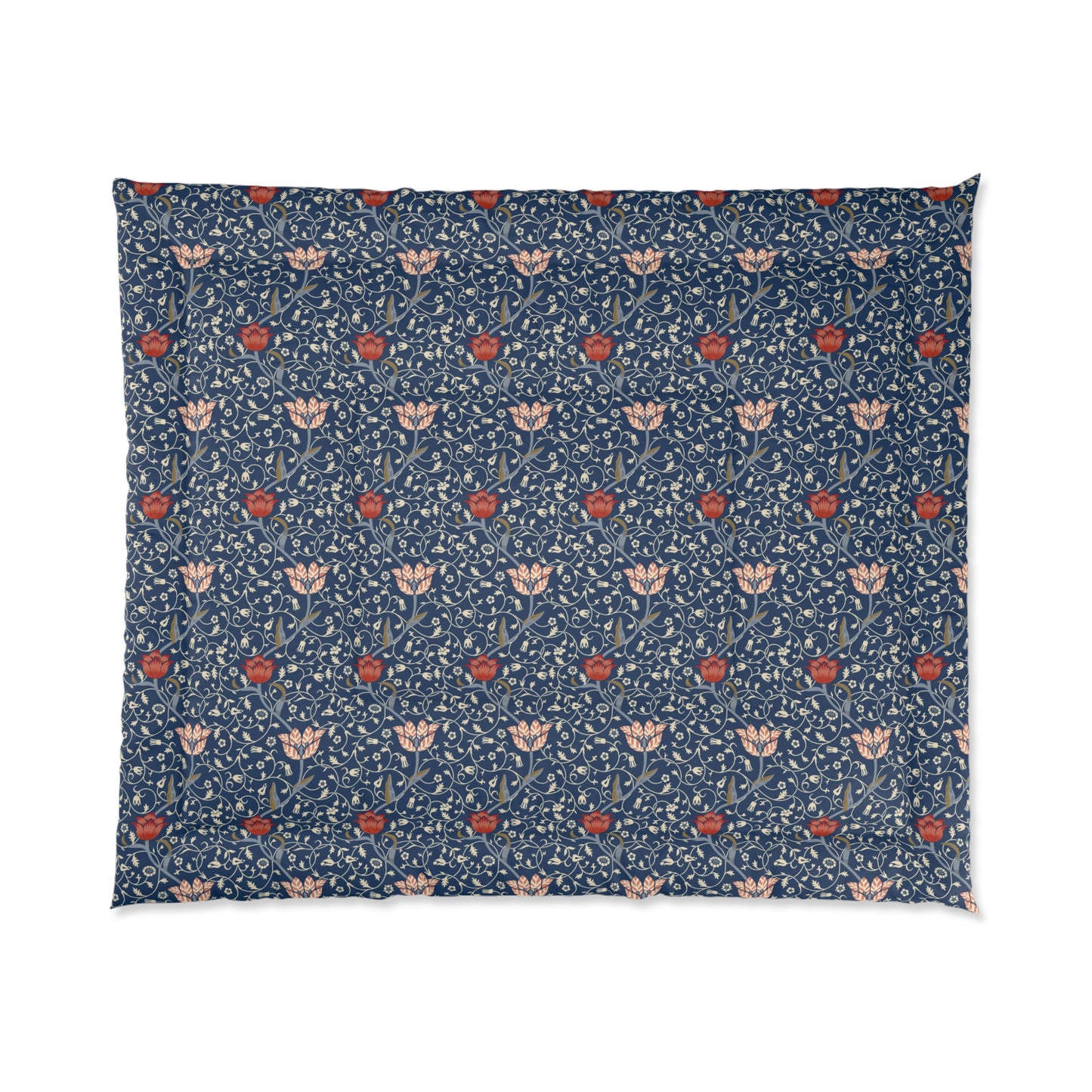 A square-shaped comforter with a blue background featuring a repeating William Morris & Co pattern of red and white apple designs and a plush batting layer visible on one side.