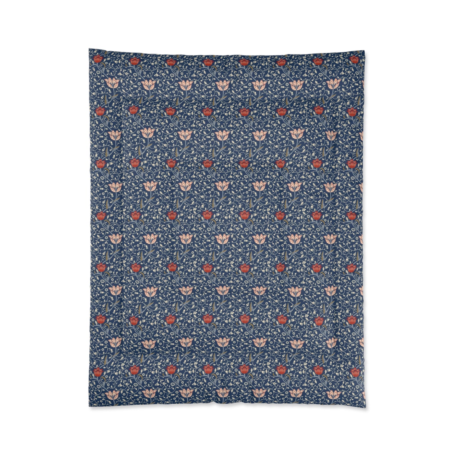 A square-shaped comforter with a blue background featuring a repeating William Morris & Co pattern of red and white apple designs and a plush batting layer visible on one side.