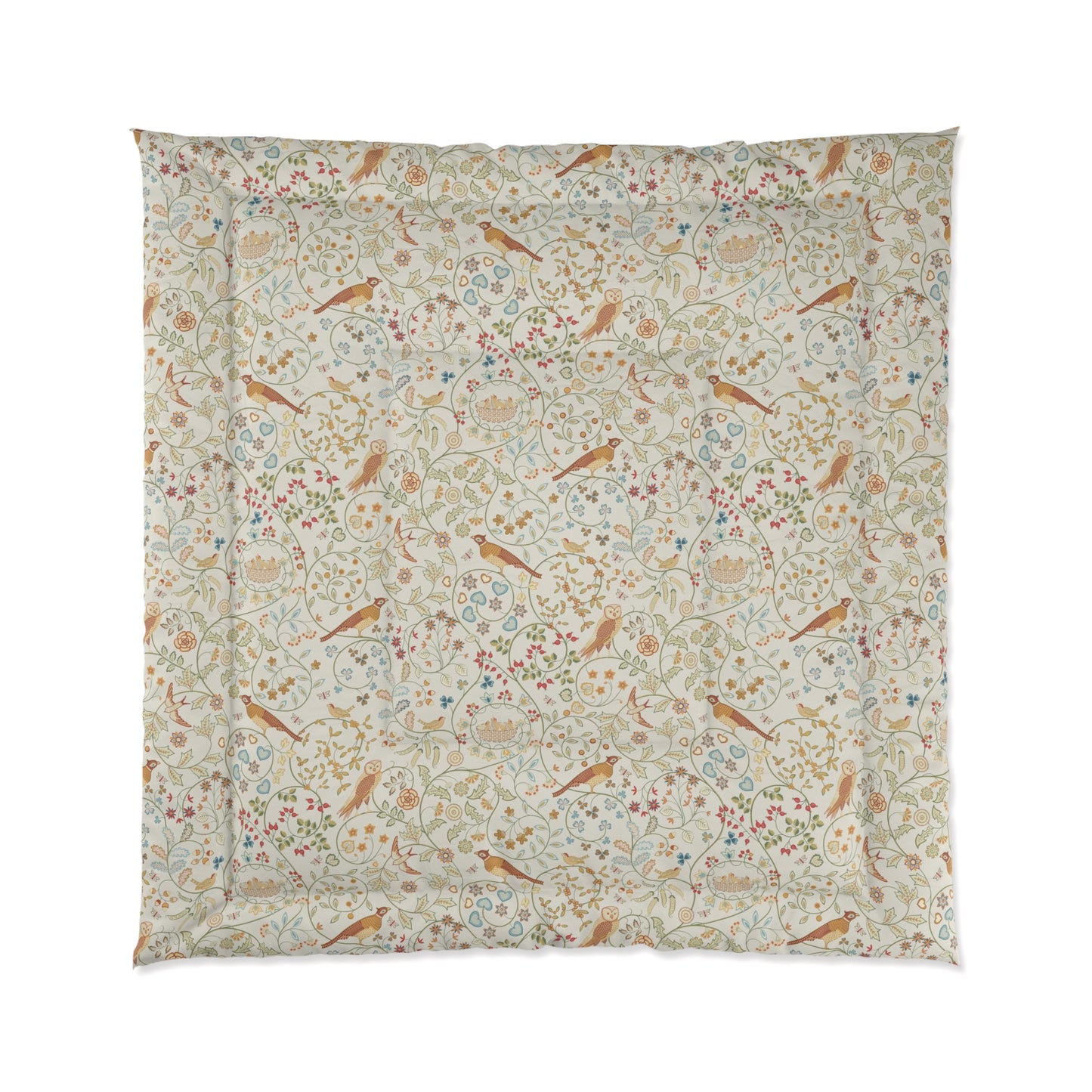 Floral and bird patterned fabric on a white background