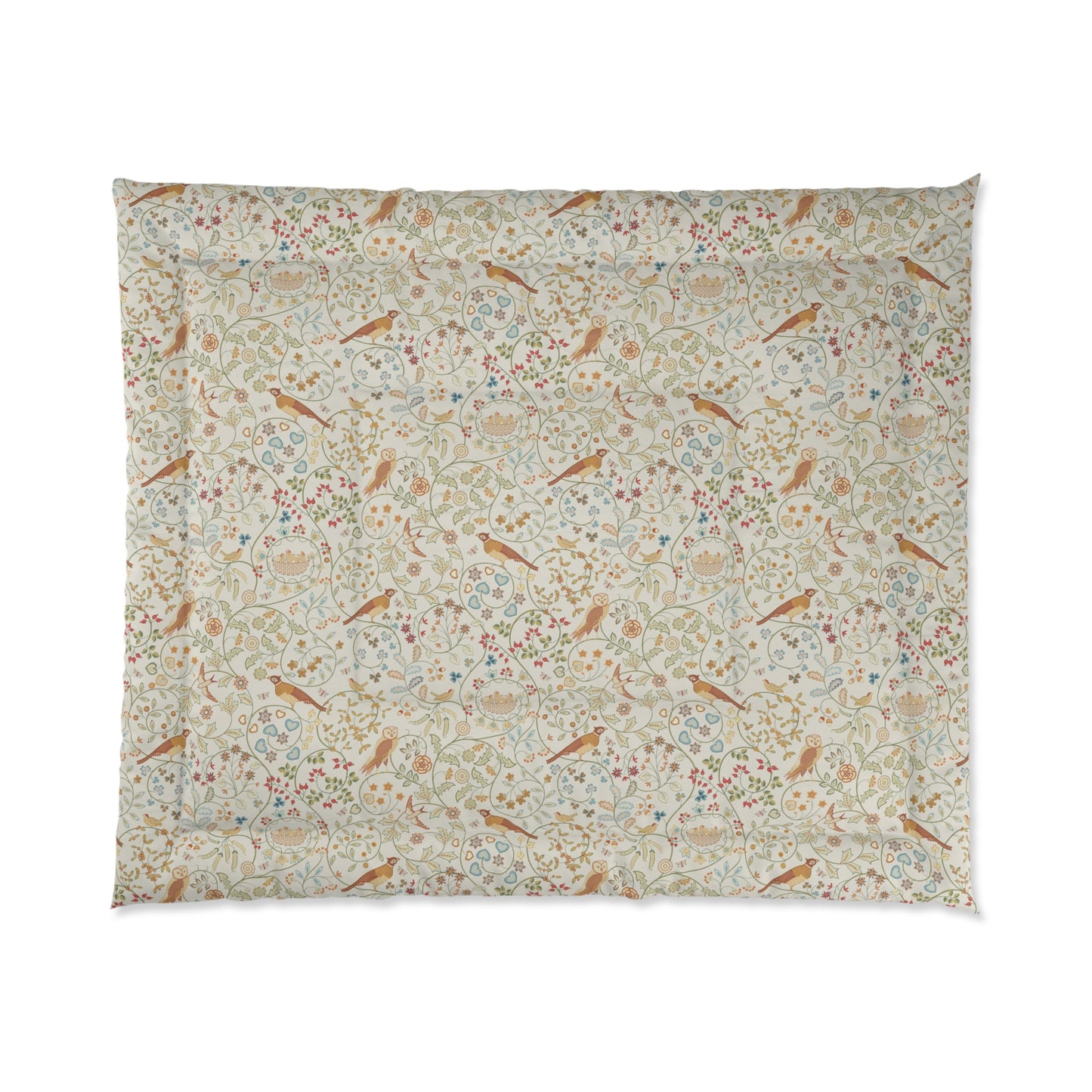 Floral and bird patterned fabric on a white background