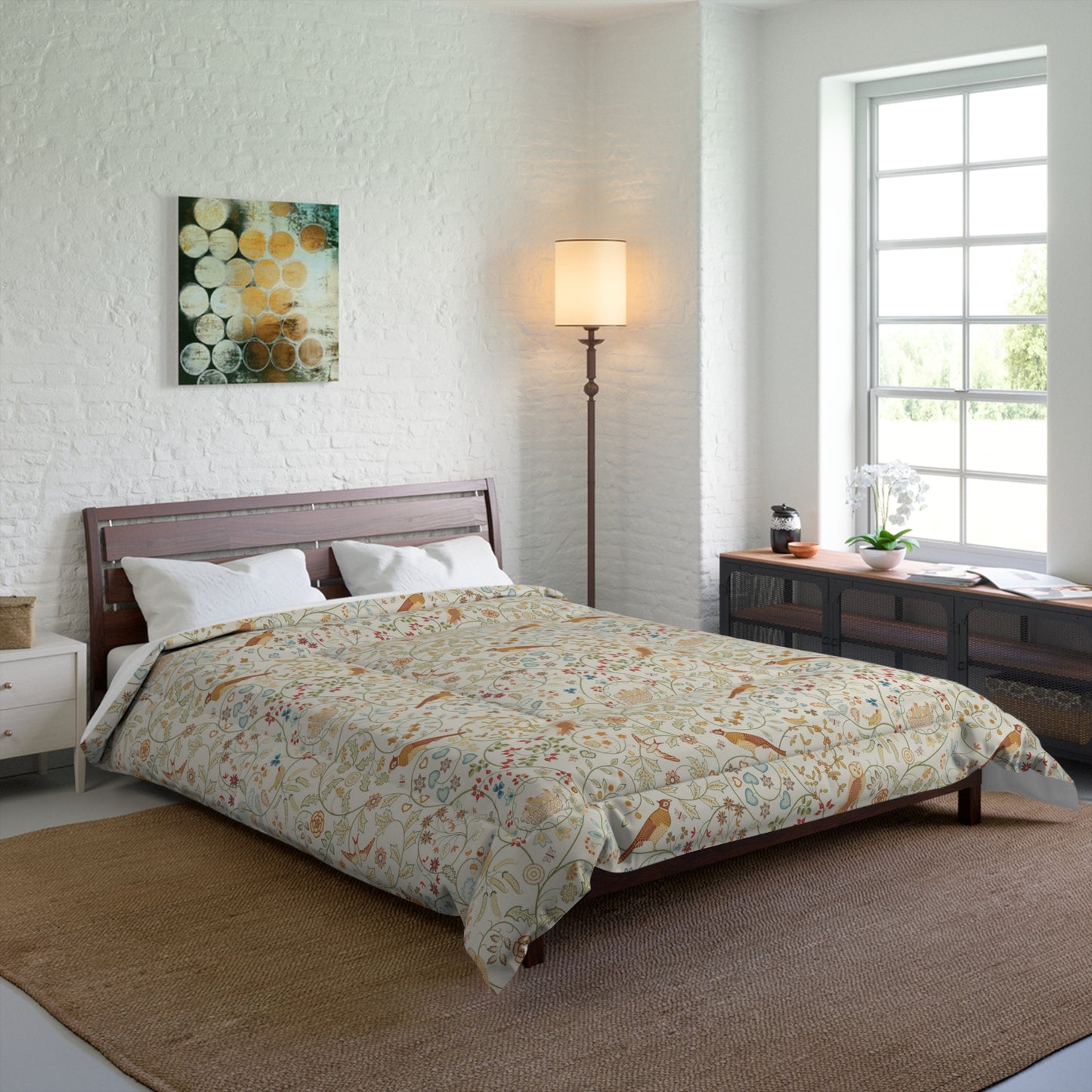 Bedroom with floral comforter, wooden headboard, and large window.