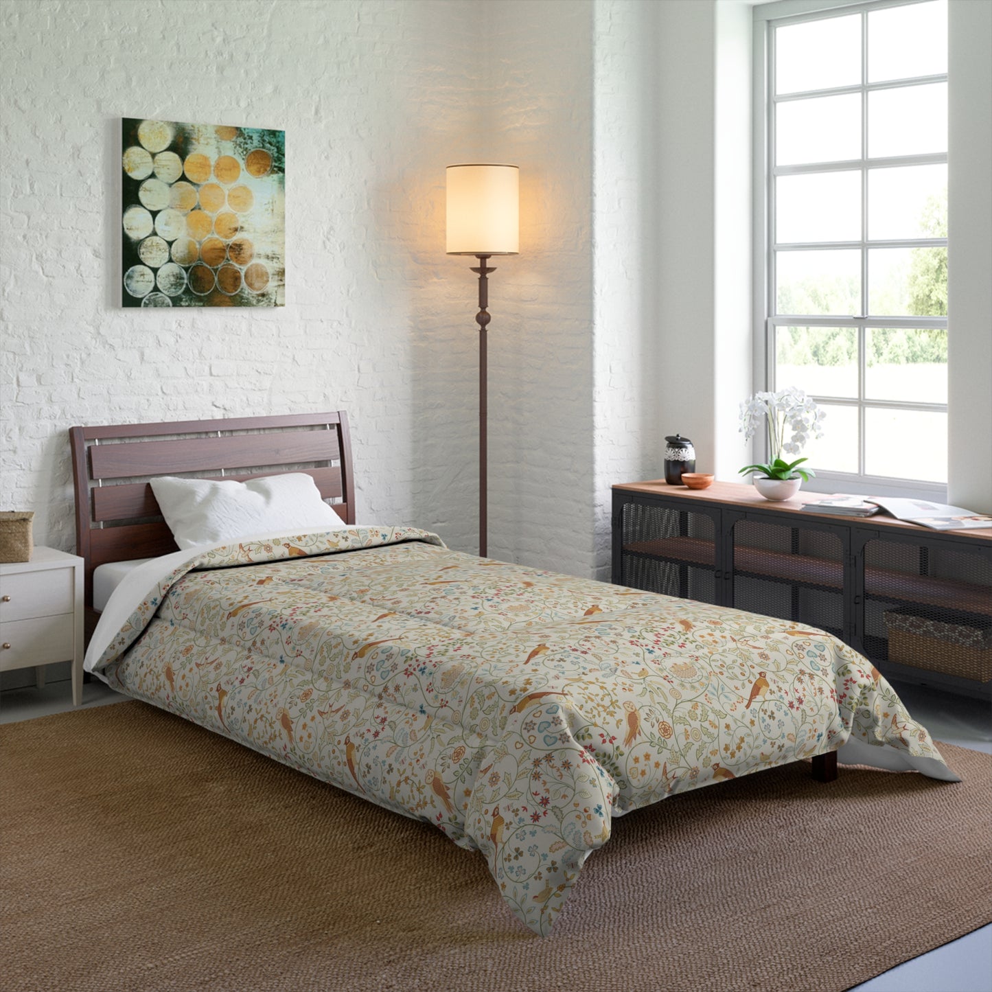 Bedroom with floral comforter, wooden headboard, and lamp.