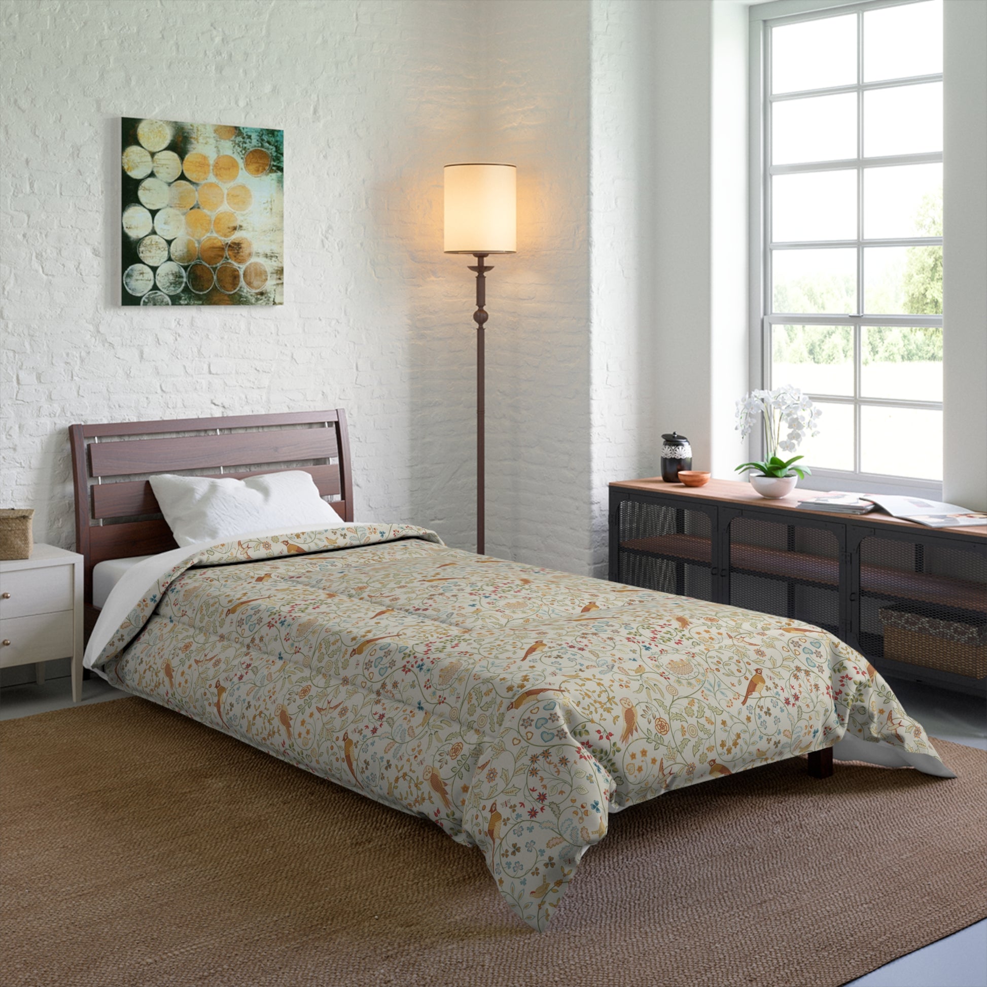 Bedroom with floral comforter, wooden headboard, and lamp.