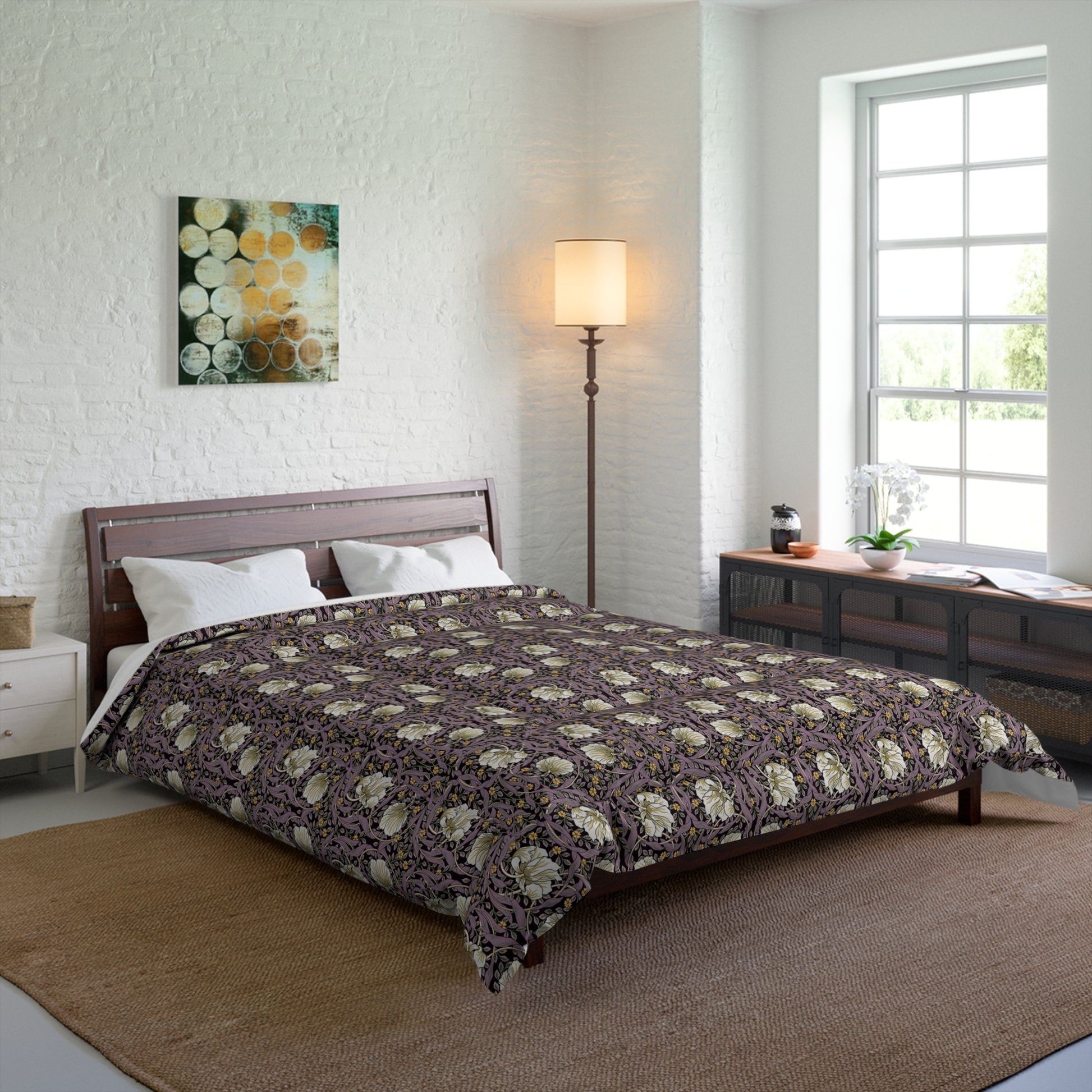 A comforter with a floral pattern inspired by William Morris - Pimpernel Collection in a rosewood colour on a white background.