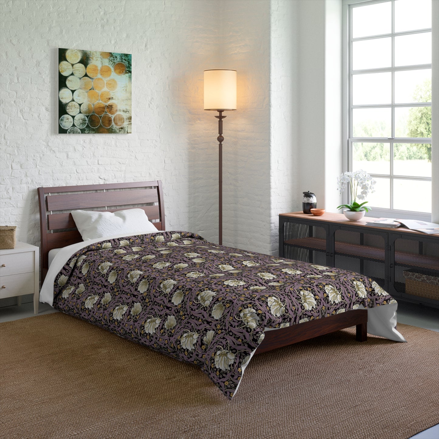 A comforter with a floral pattern inspired by William Morris - Pimpernel Collection in a rosewood colour on a white background.