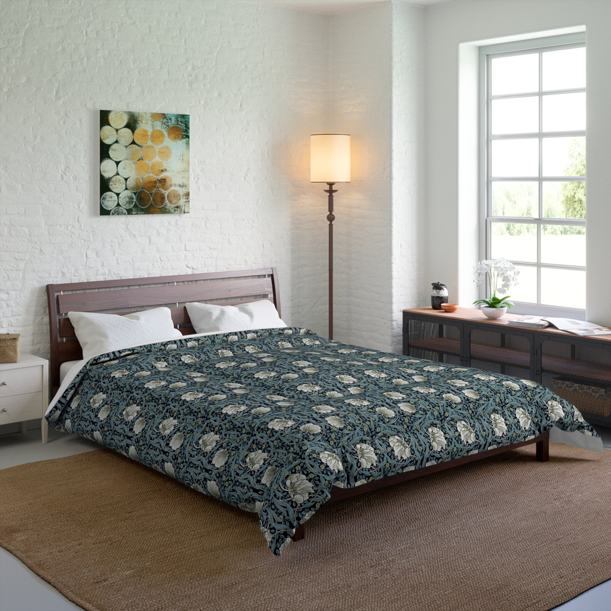 Bedding Comforter inspired by William Morris & Co in a floral pattern called Pimpernel Collection (Slate)