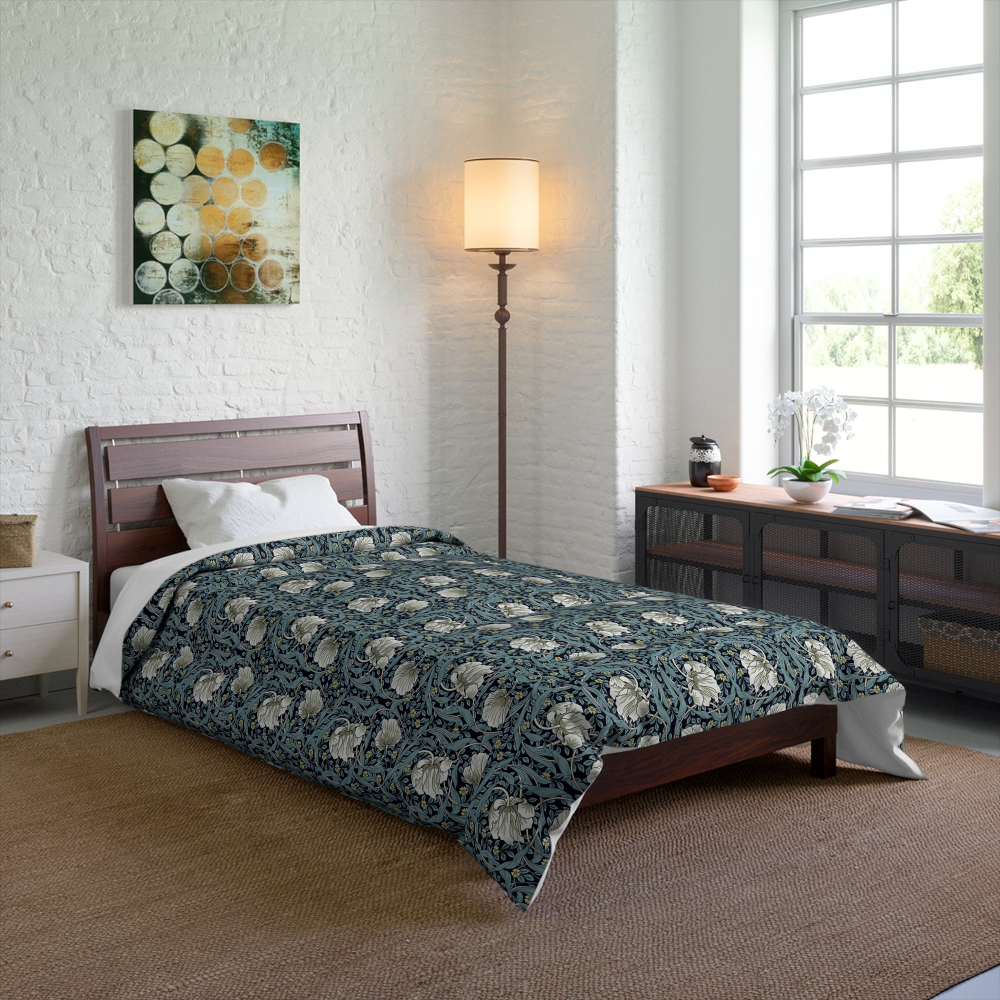 Bedding Comforter inspired by William Morris & Co in a floral pattern called Pimpernel Collection (Slate)