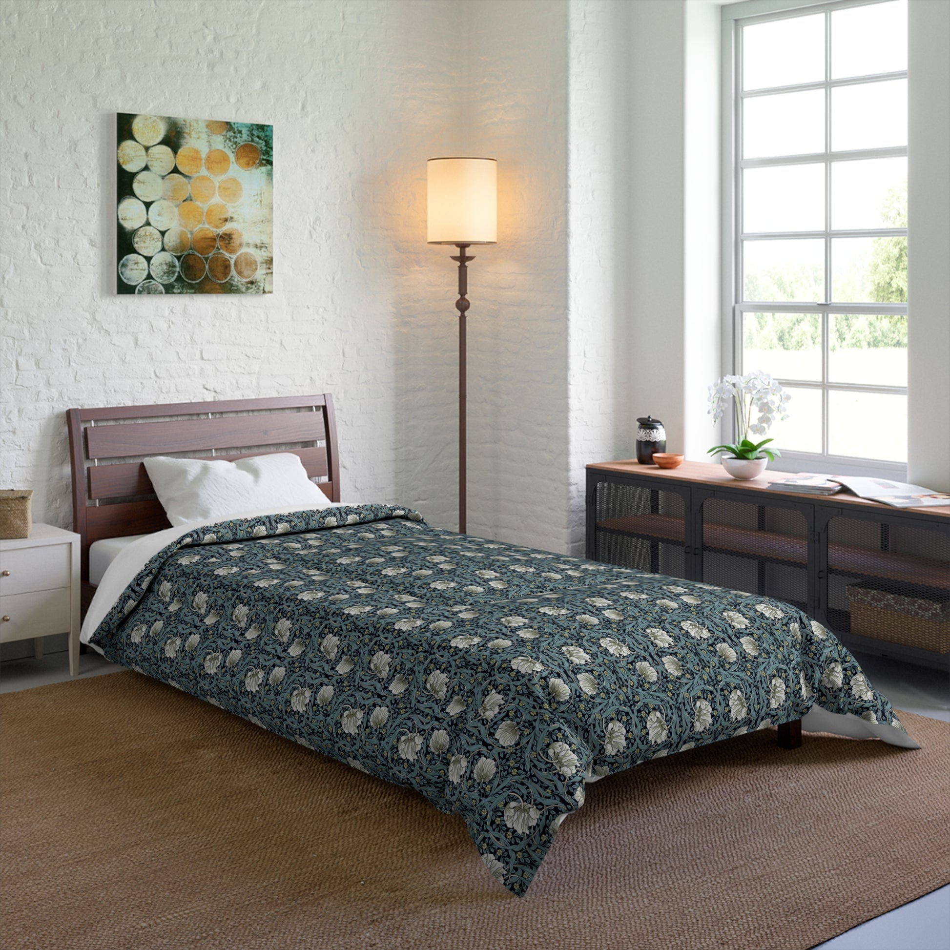 Bedding Comforter inspired by William Morris & Co in a floral pattern called Pimpernel Collection (Slate)