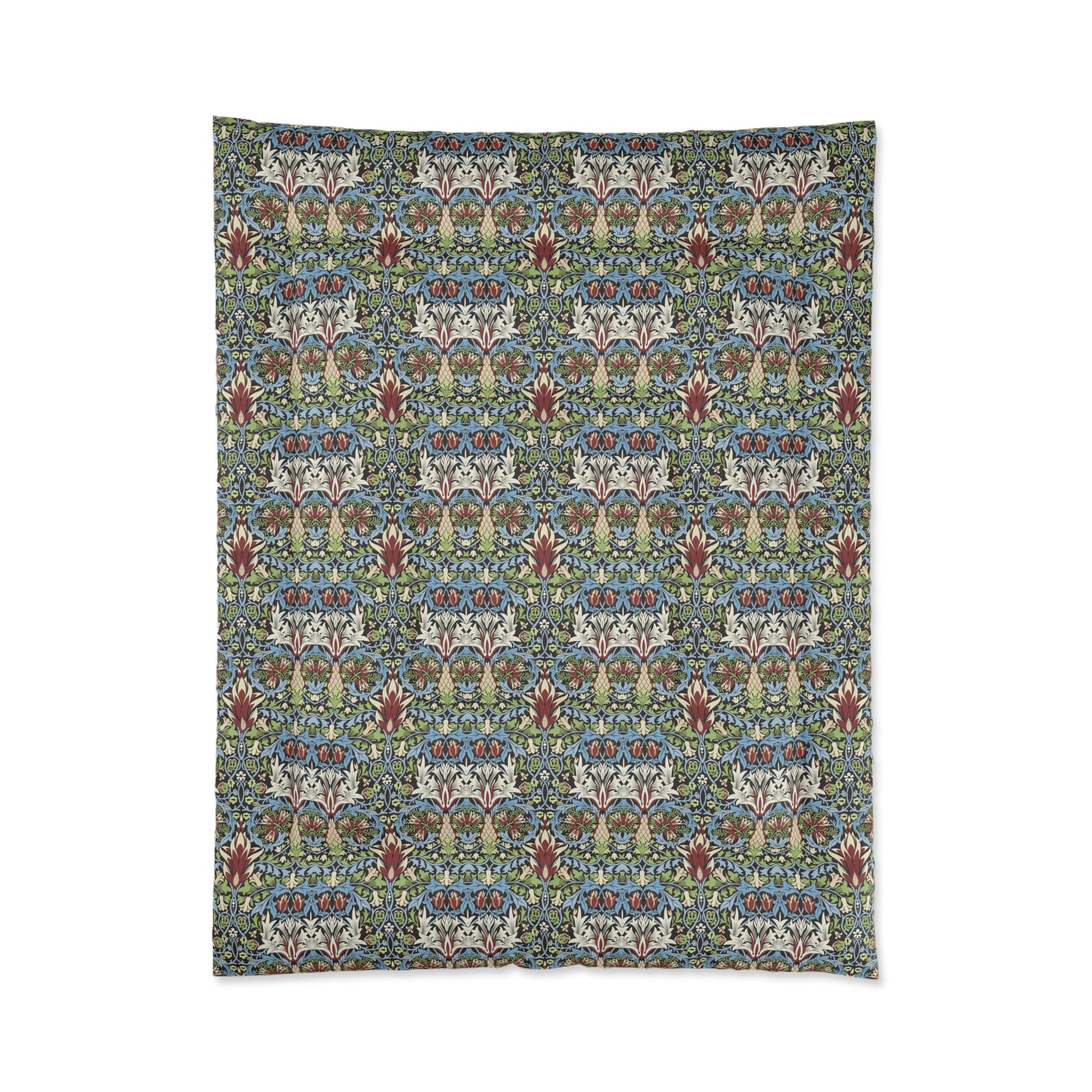 Decorative blanket with a colourful pattern on a white background from William Morris