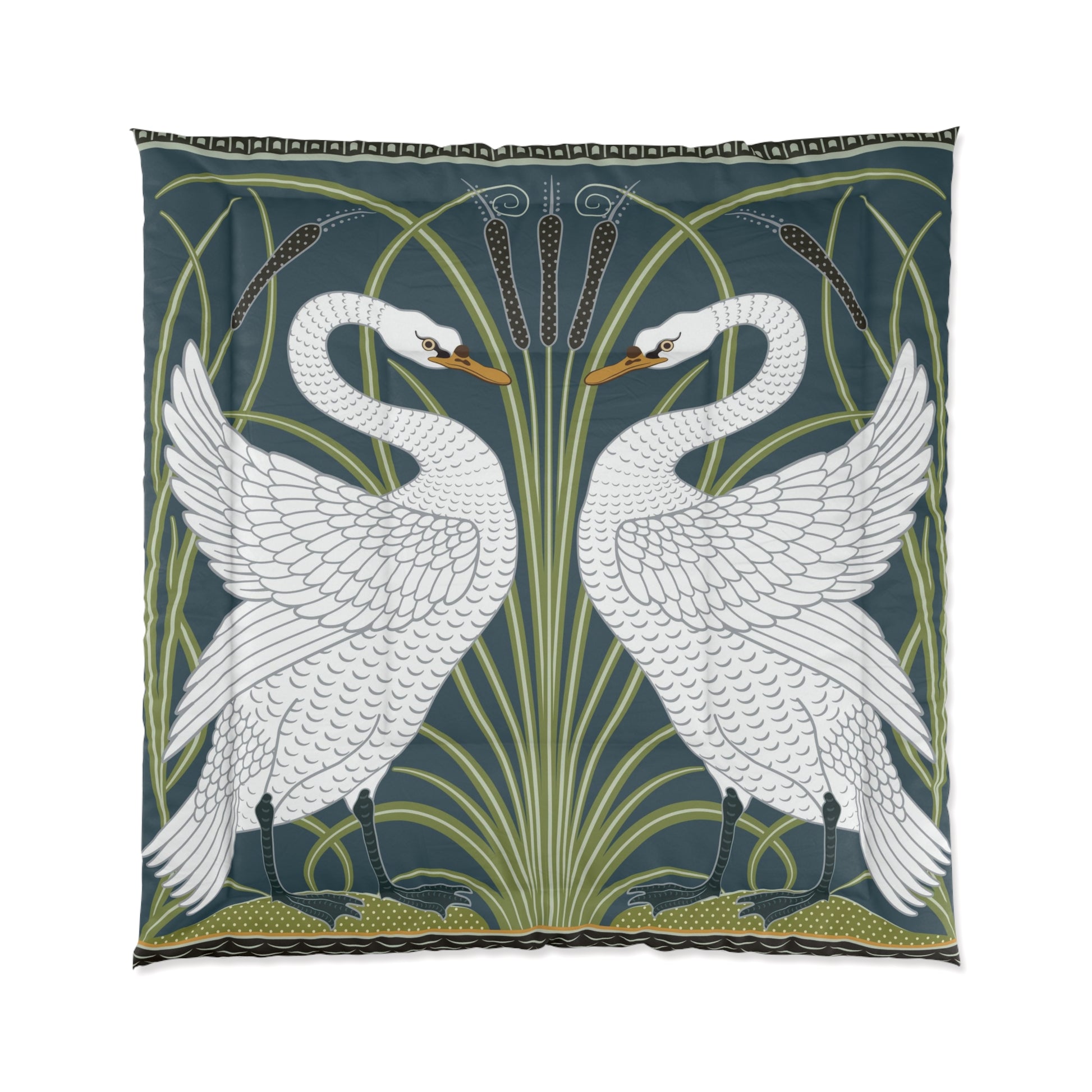 A comforter featuring a double square quilting pattern with a one-sided print of two white swans on a dark green background, surrounded by a floral border in a similar colour palette.