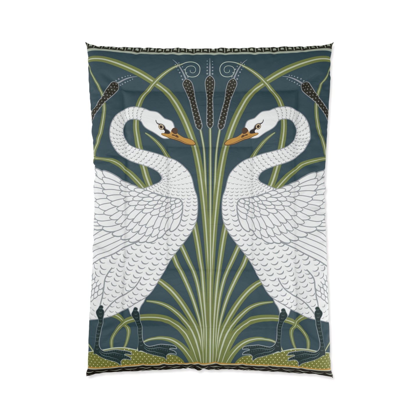 A comforter featuring a double square quilting pattern with a one-sided print of two white swans on a dark green background, surrounded by a floral border in a similar colour palette.