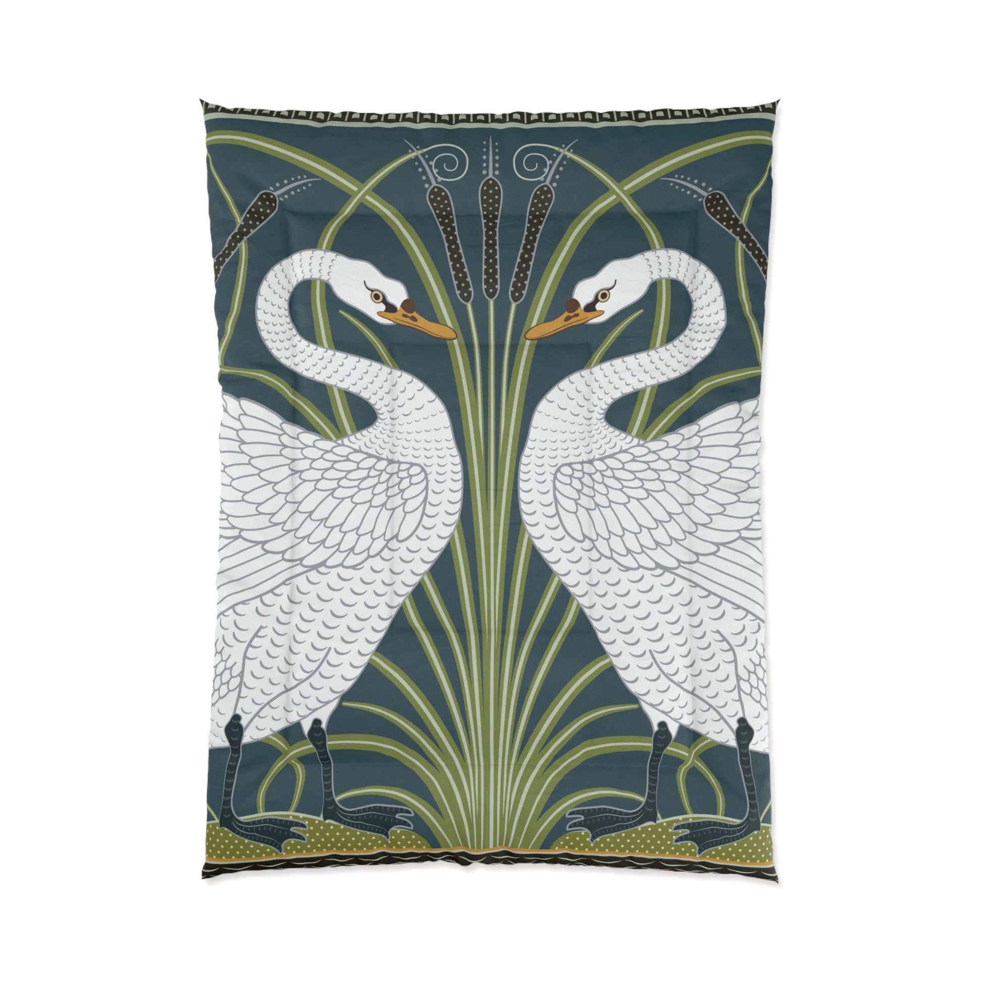 A comforter featuring a double square quilting pattern with a one-sided print of two white swans on a dark green background, surrounded by a floral border in a similar colour palette.