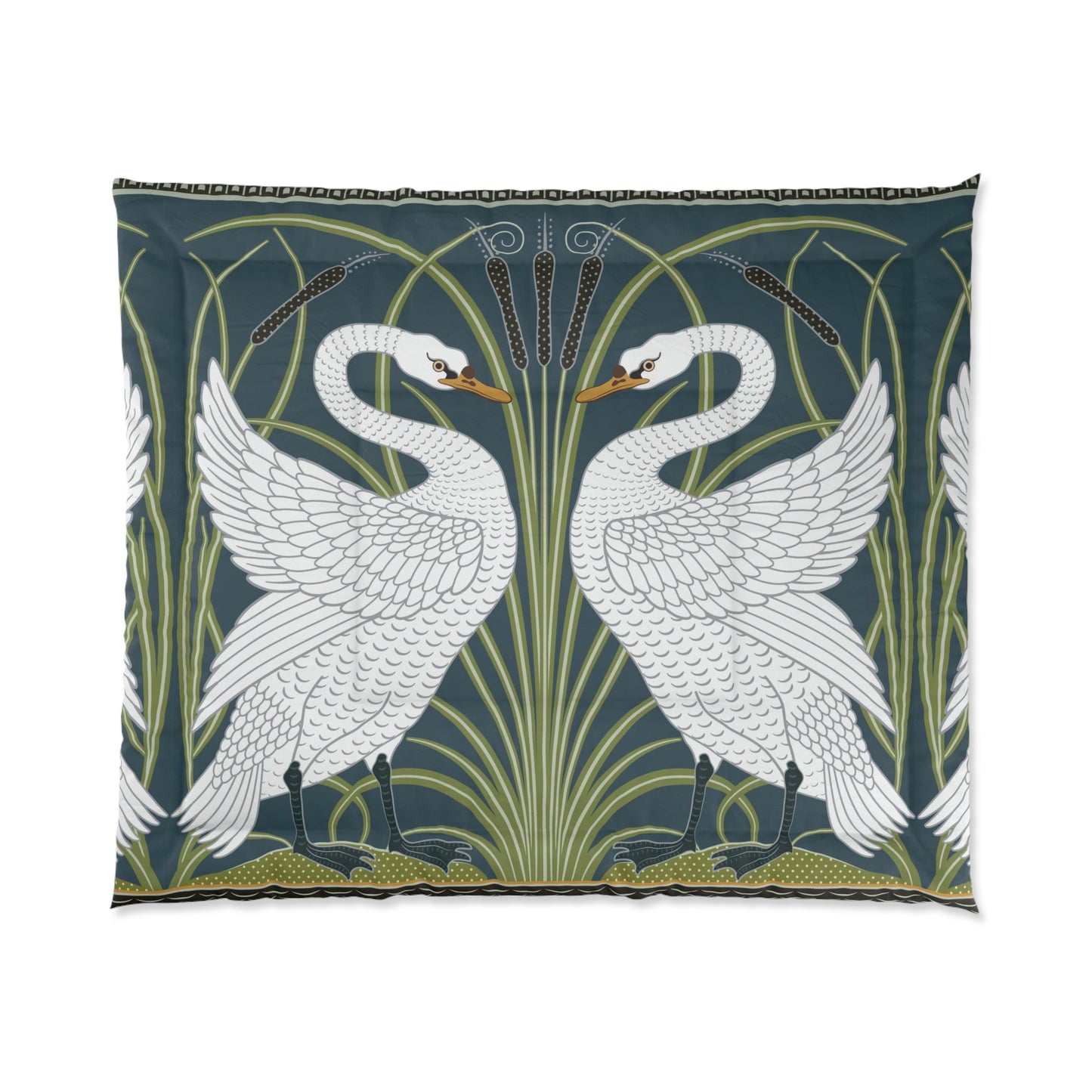 A comforter featuring a double square quilting pattern with a one-sided print of two white swans on a dark green background, surrounded by a floral border in a similar colour palette.