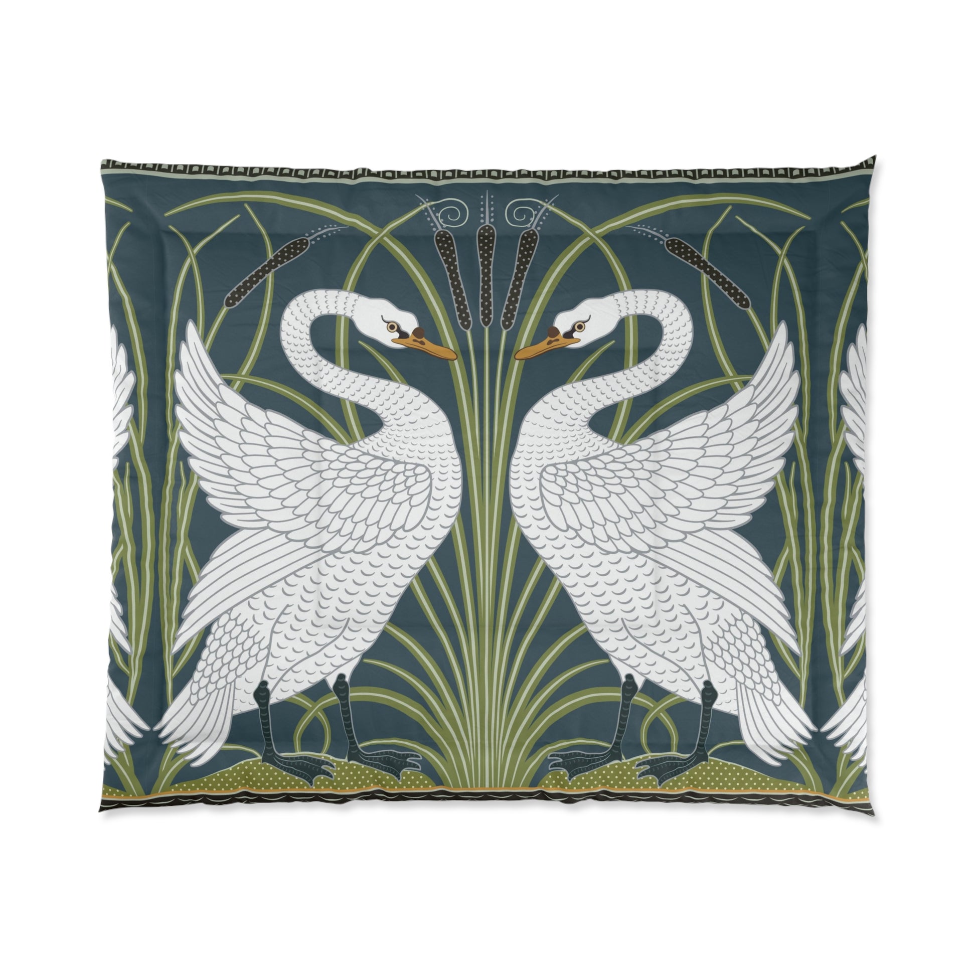 A comforter featuring a double square quilting pattern with a one-sided print of two white swans on a dark green background, surrounded by a floral border in a similar colour palette.
