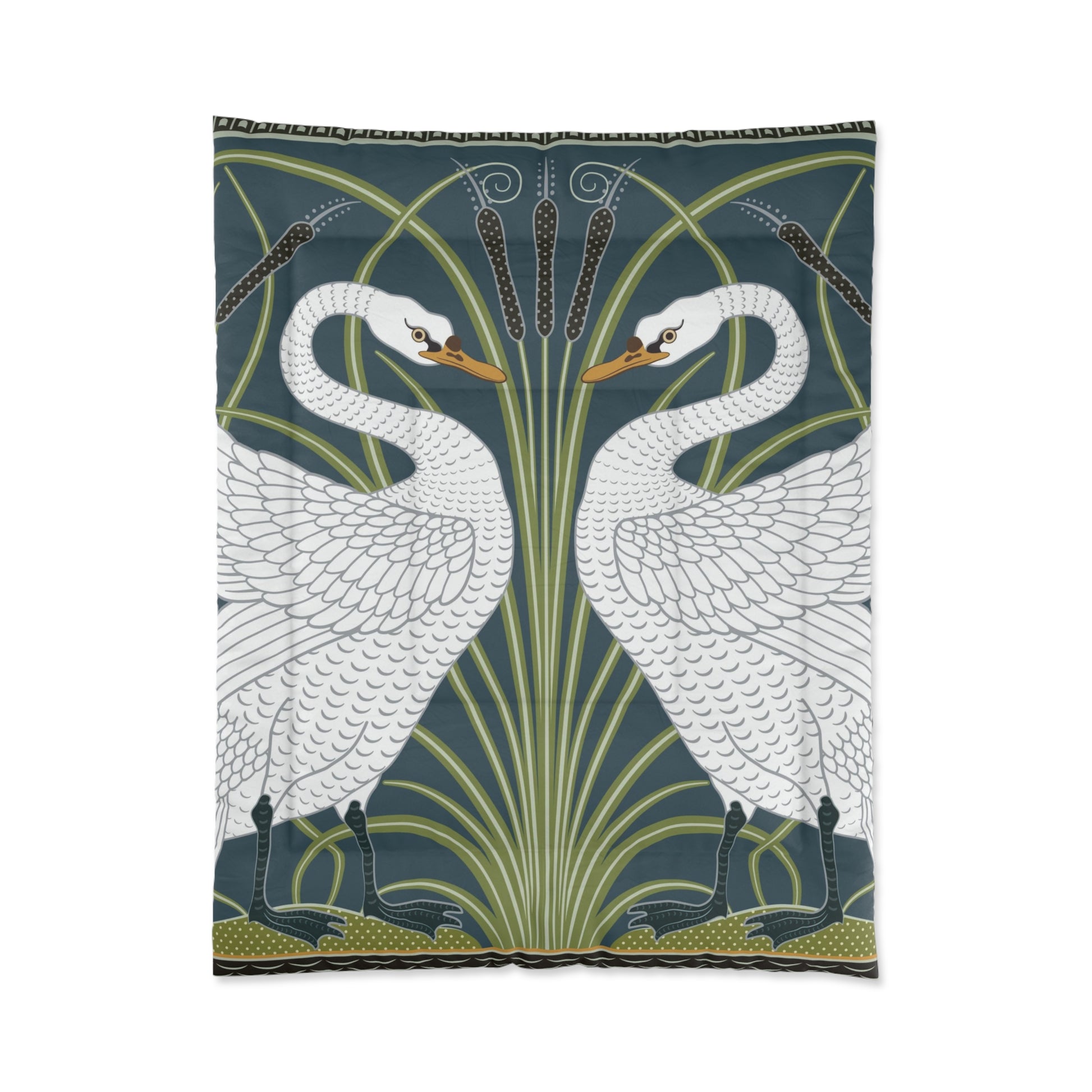 A comforter featuring a double square quilting pattern with a one-sided print of two white swans on a dark green background, surrounded by a floral border in a similar colour palette.