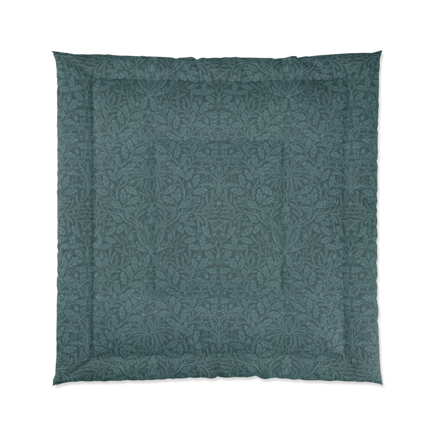 A folded green comforter with a geometric pattern inspired by William Morris - Acorns & Oak Leaves Collection.