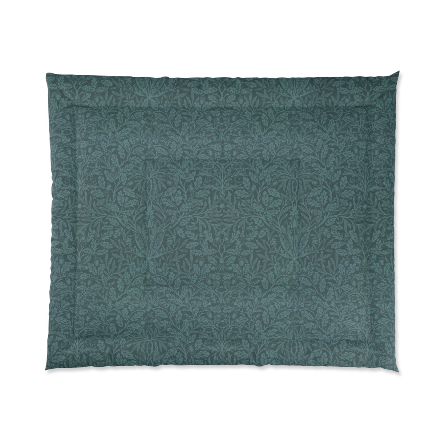 A folded green comforter with a geometric pattern inspired by William Morris - Acorns & Oak Leaves Collection.