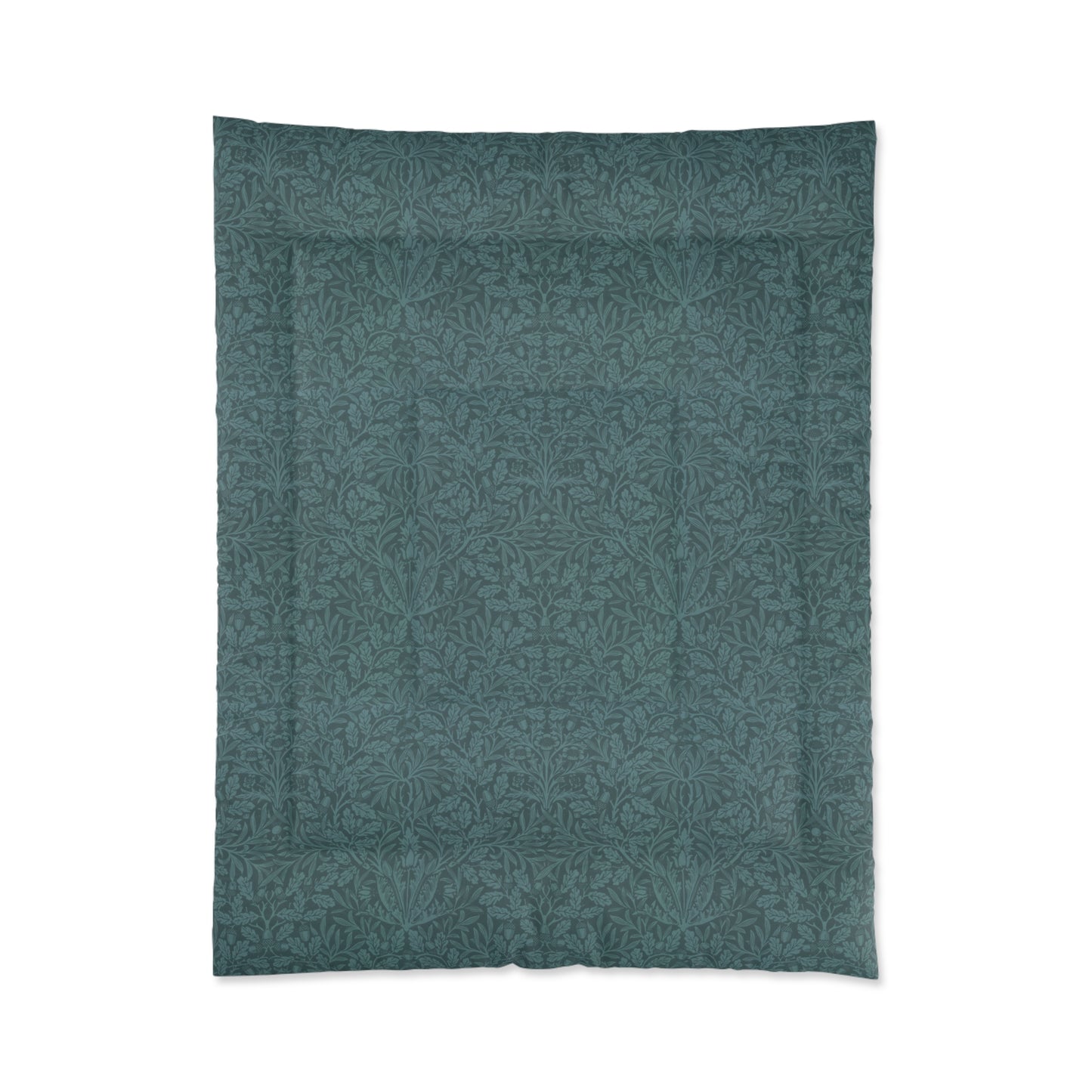 A folded green comforter with a geometric pattern inspired by William Morris - Acorns & Oak Leaves Collection.