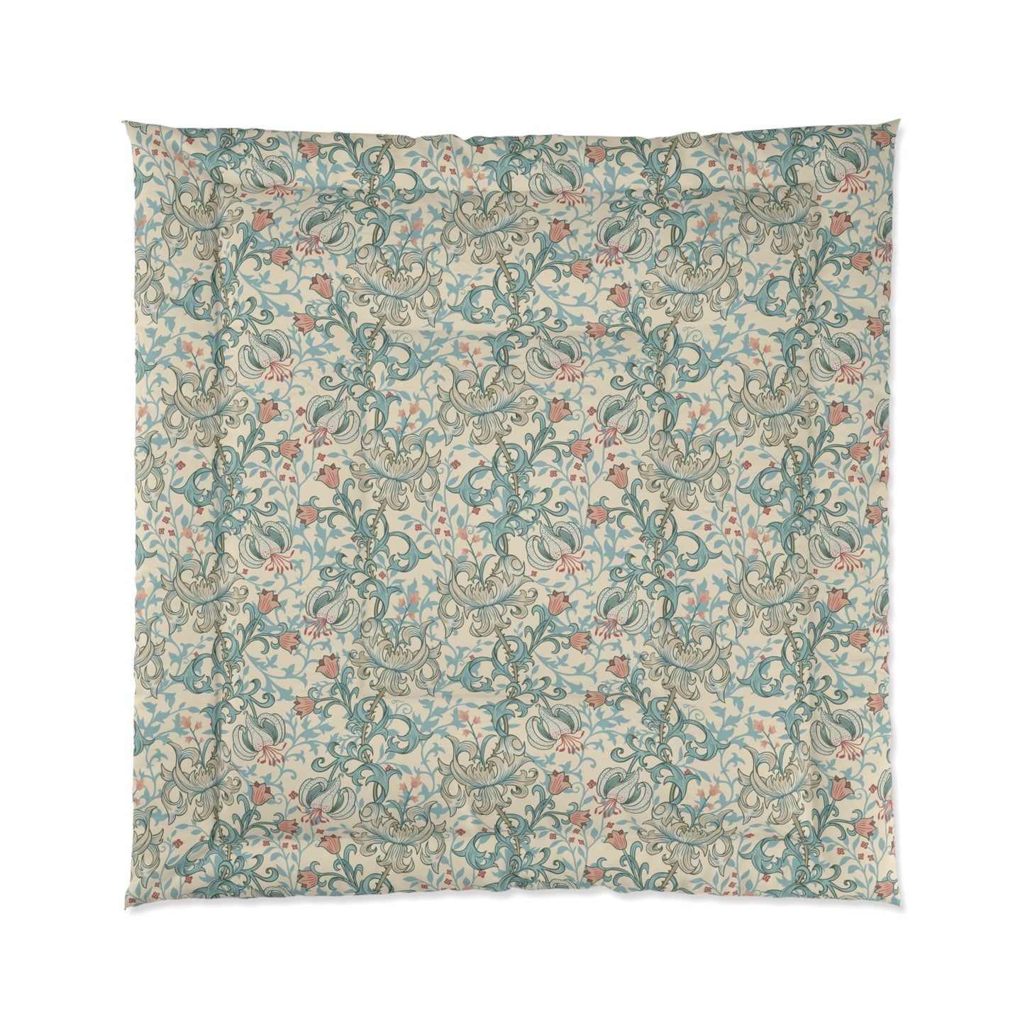 A comforter with a floral pattern in shades of blue, gray, and white, inspired by William Morris - Golden Lily Collection.
