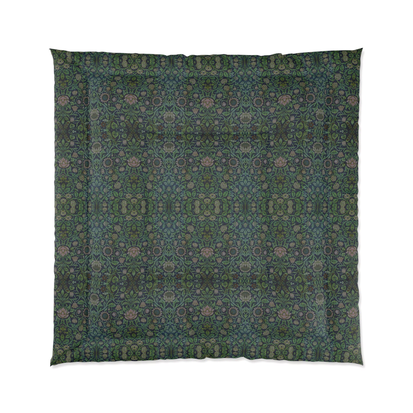 A green microfiber comforter with a floral pattern inspired by William Morris - Violet & Columbine Collection.