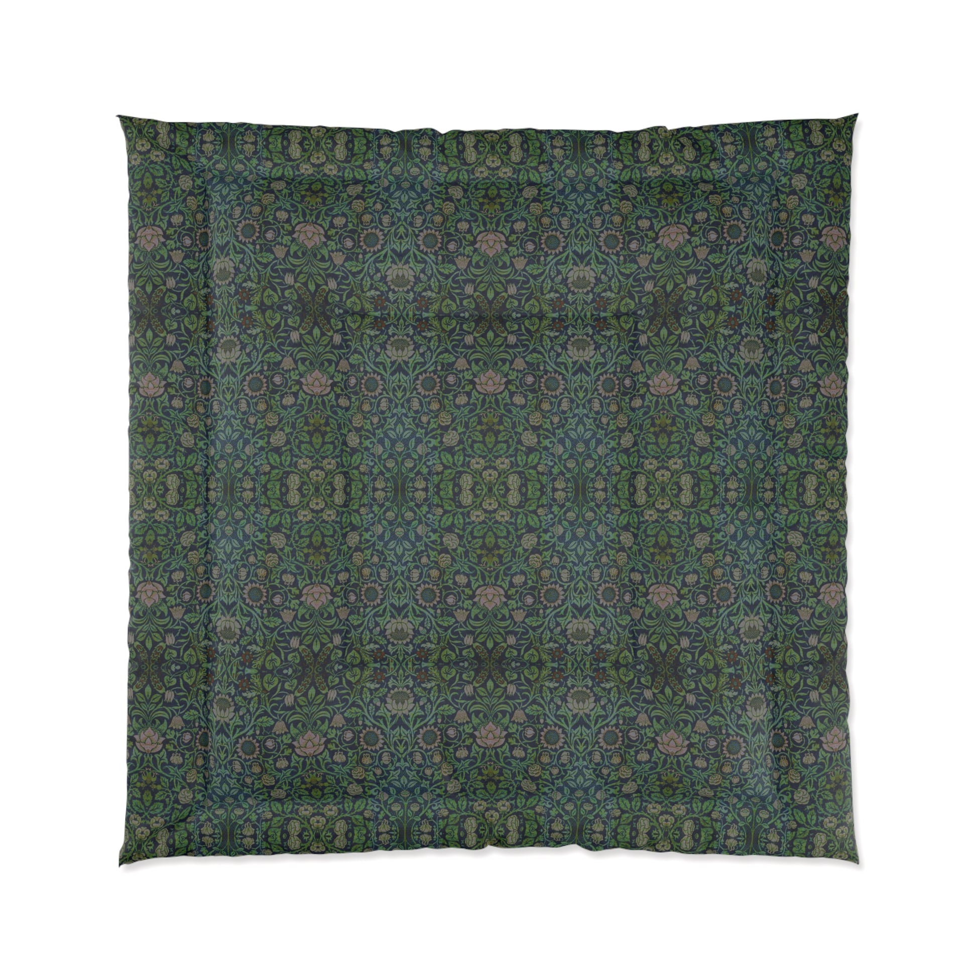 A green microfiber comforter with a floral pattern inspired by William Morris - Violet & Columbine Collection.