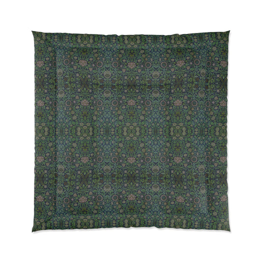 A green microfiber comforter with a floral pattern inspired by William Morris - Violet & Columbine Collection.